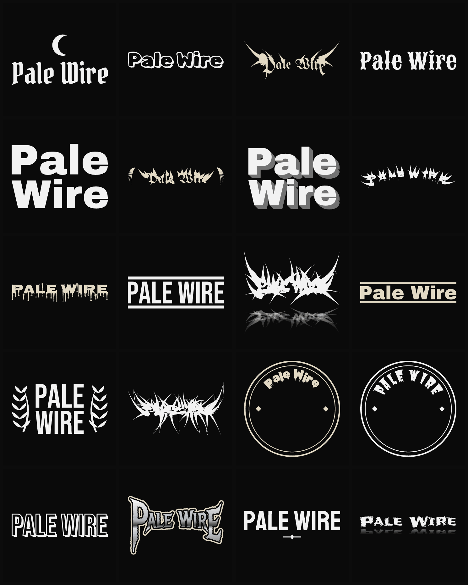 Twenty Pale Wire band logo ideas — different faces, treatments and spike settings