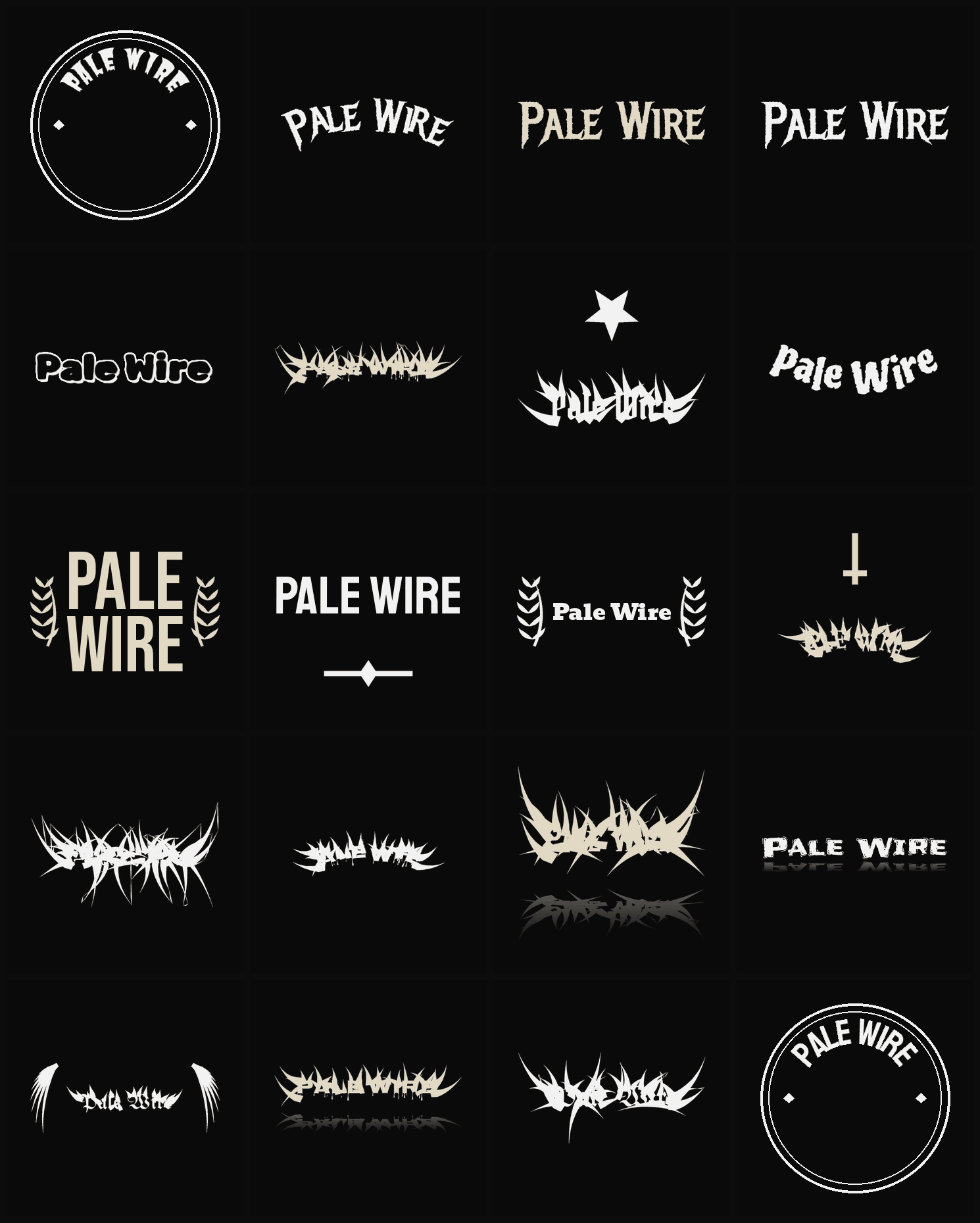 Twenty Pale Wire band logo ideas — different faces, treatments and spike settings