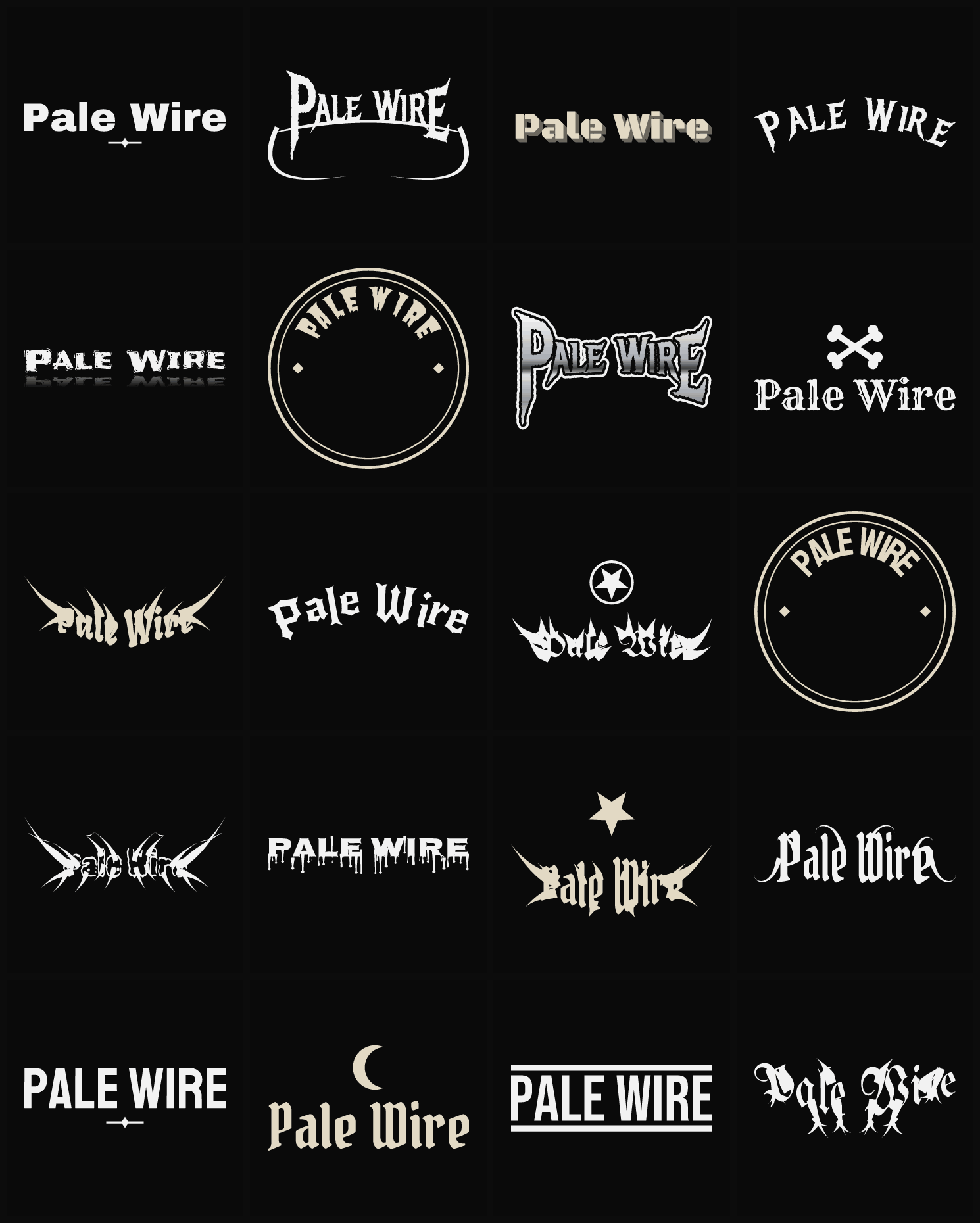 Twenty Pale Wire band logo ideas — different faces, treatments and spike settings