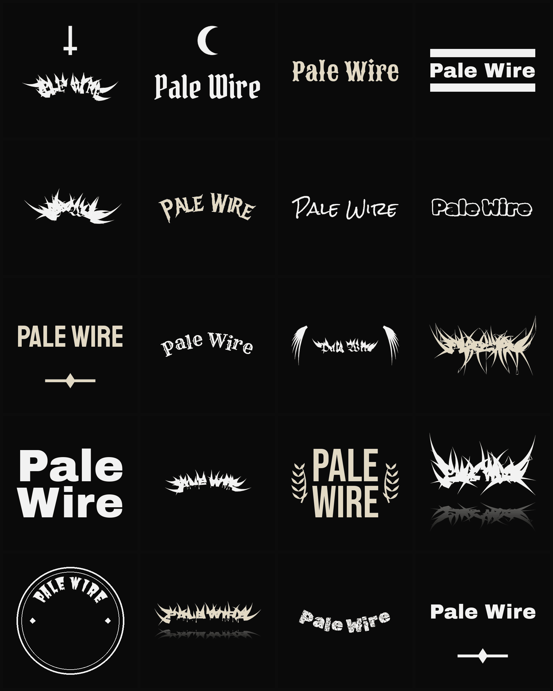 Twenty Pale Wire band logo ideas — different faces, treatments and spike settings