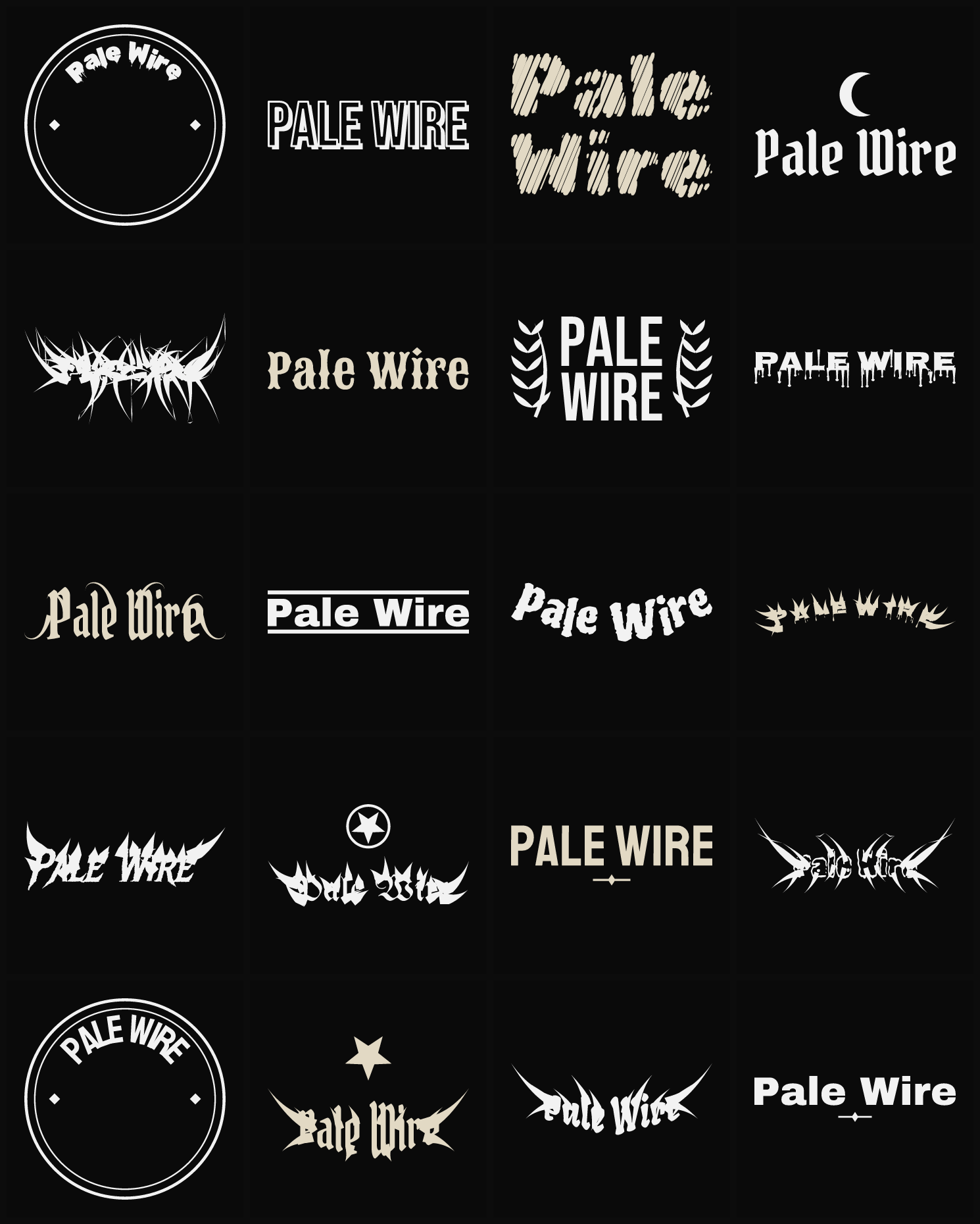 Twenty Pale Wire band logo ideas — different faces, treatments and spike settings