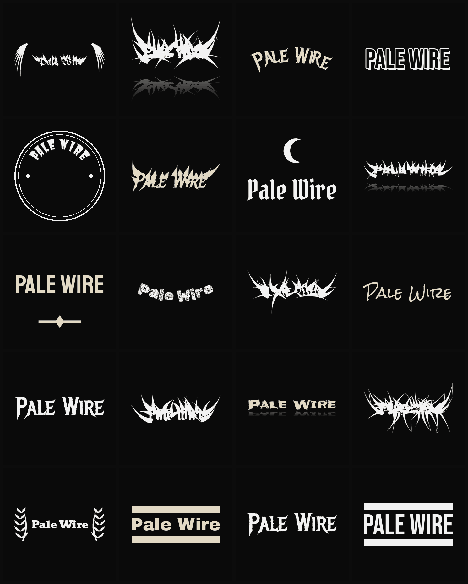 Twenty Pale Wire band logo ideas — different faces, treatments and spike settings