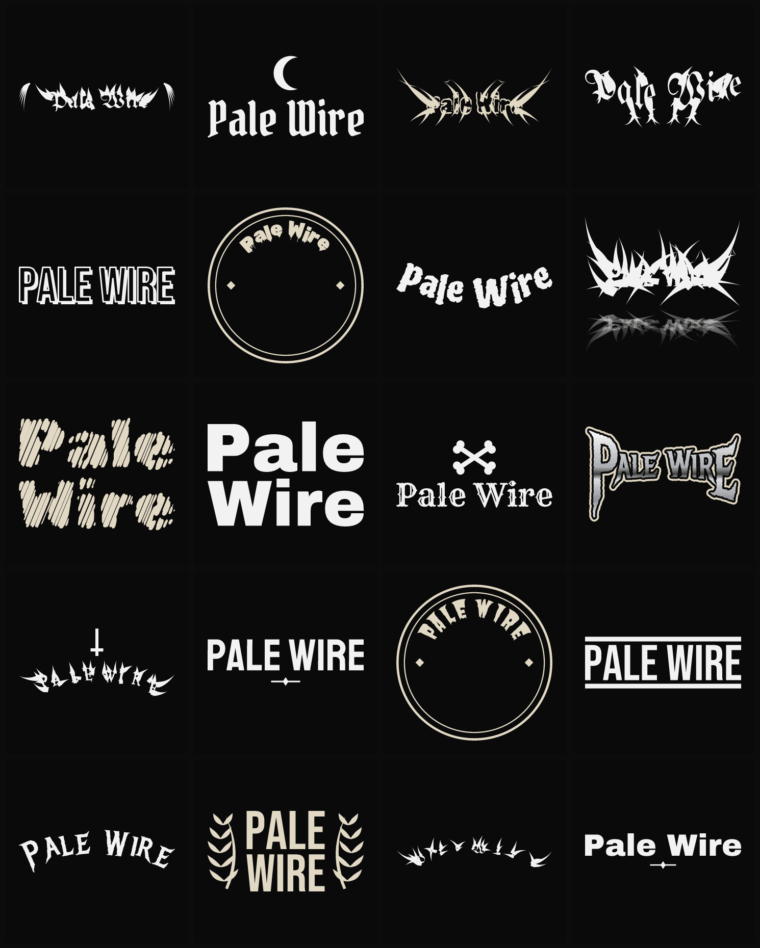 Twenty Pale Wire band logo ideas — different faces, treatments and spike settings