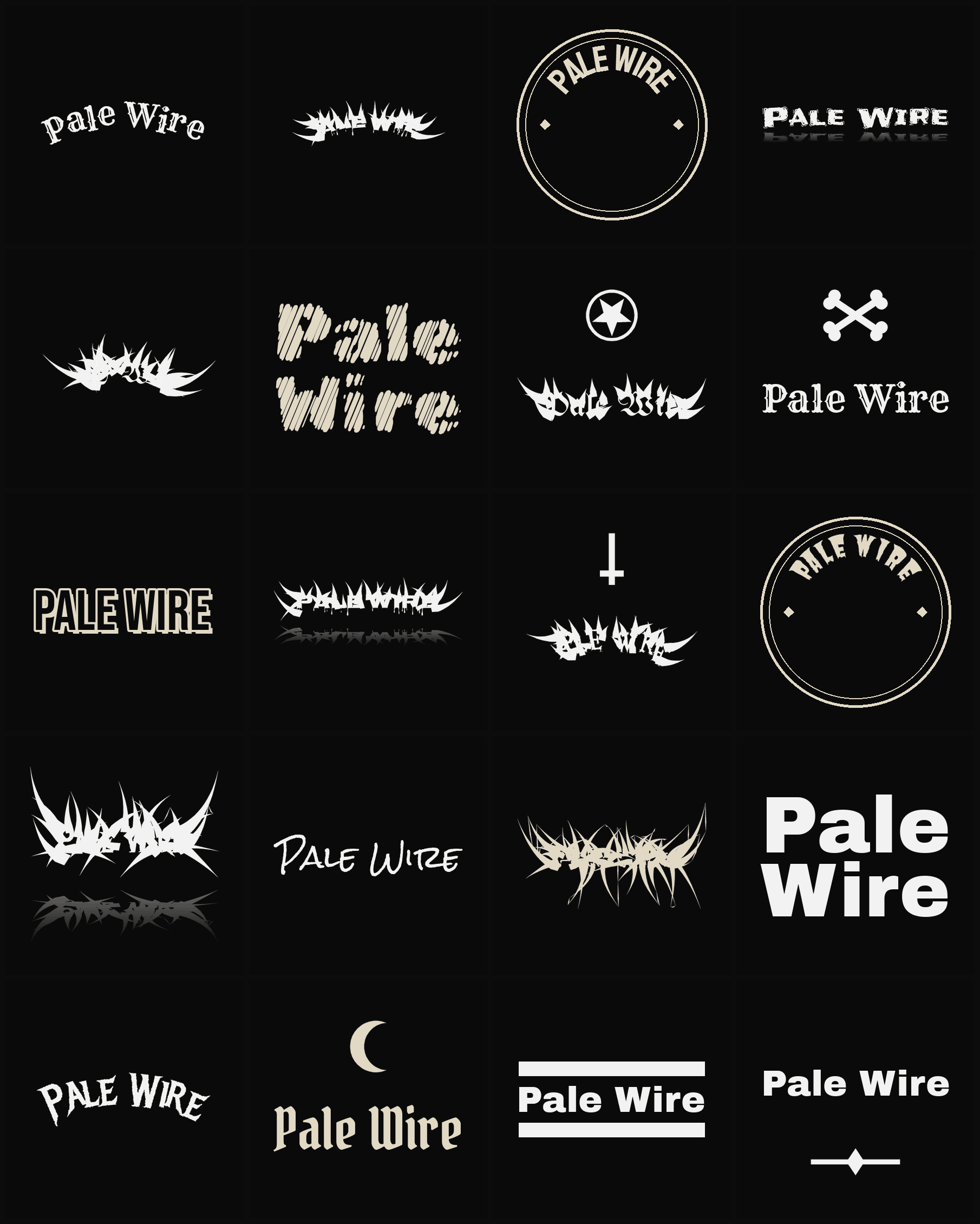 Twenty Pale Wire band logo ideas — different faces, treatments and spike settings
