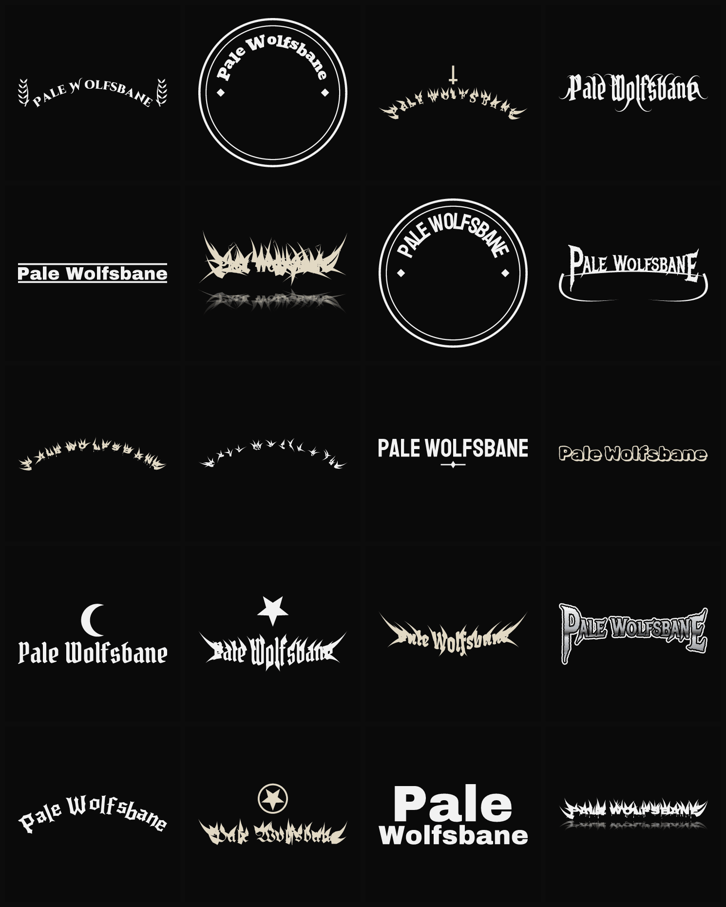 Twenty Pale Wolfsbane band logo ideas — different faces, treatments and spike settings