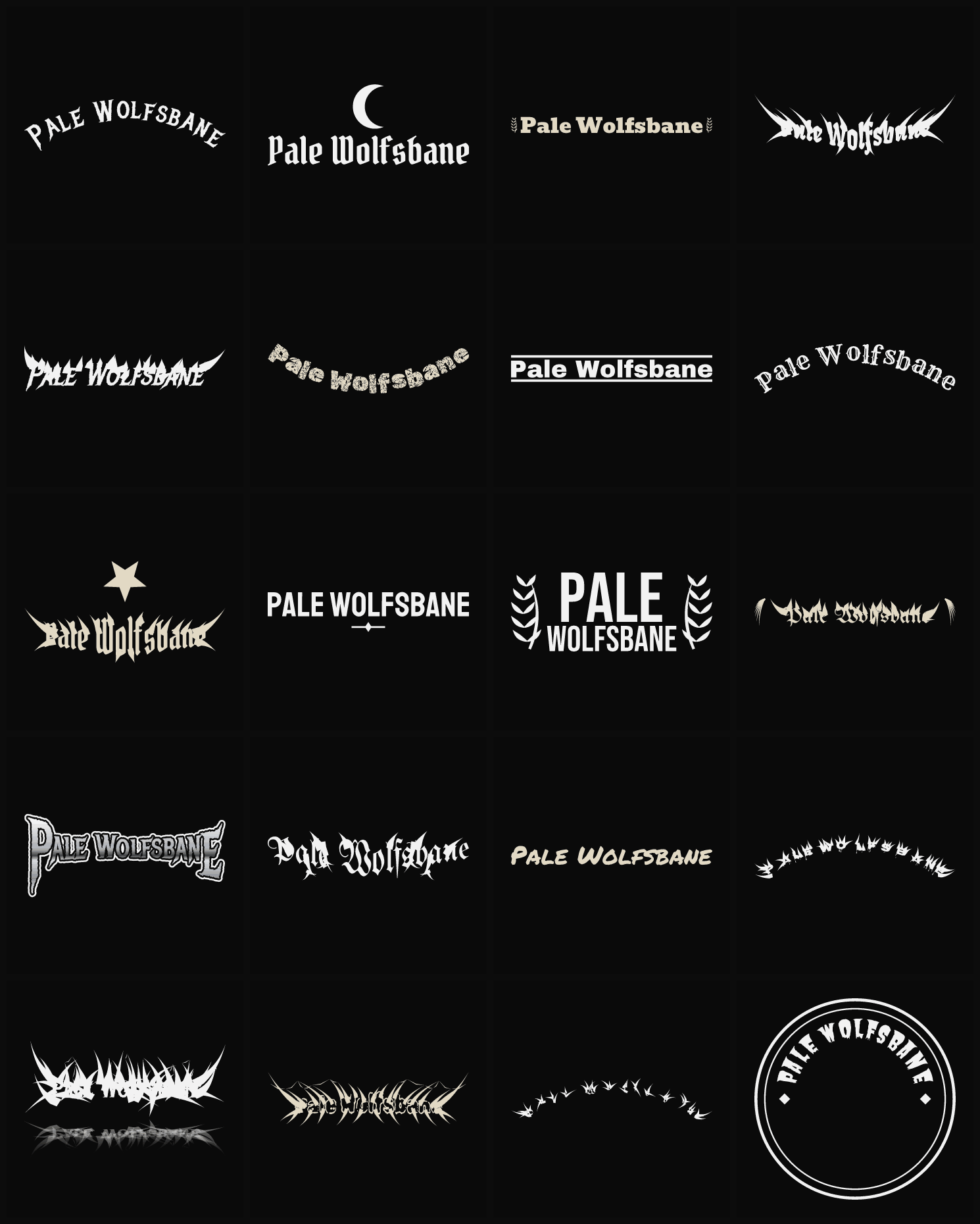 Twenty Pale Wolfsbane band logo ideas — different faces, treatments and spike settings