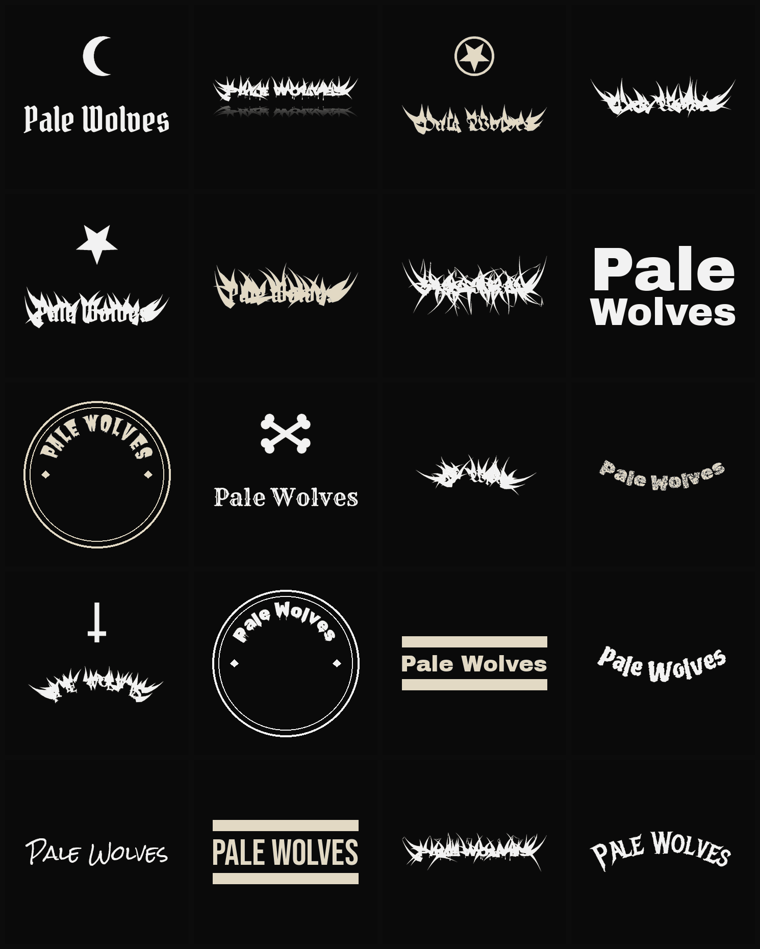 Twenty Pale Wolves band logo ideas — different faces, treatments and spike settings