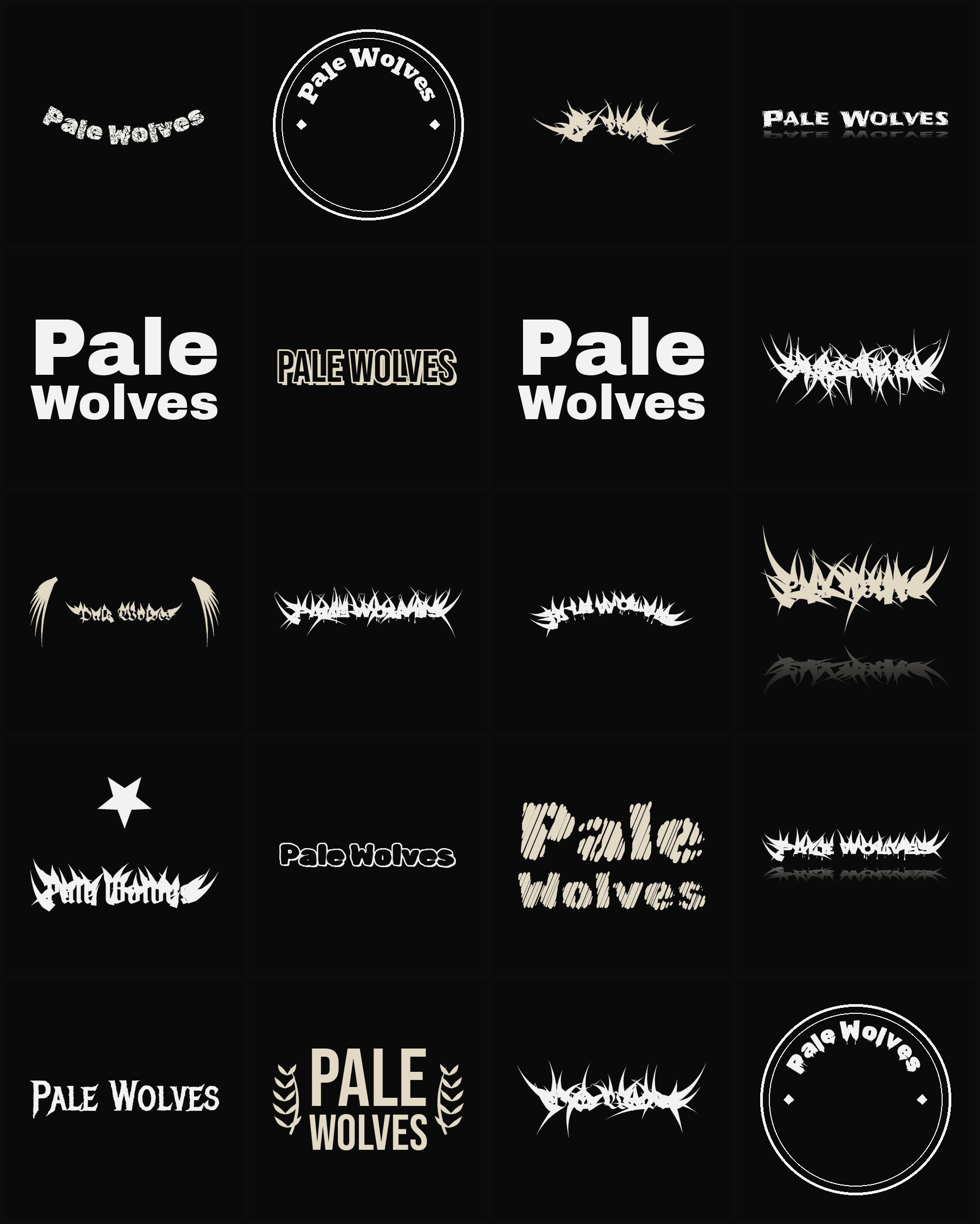 Twenty Pale Wolves band logo ideas — different faces, treatments and spike settings