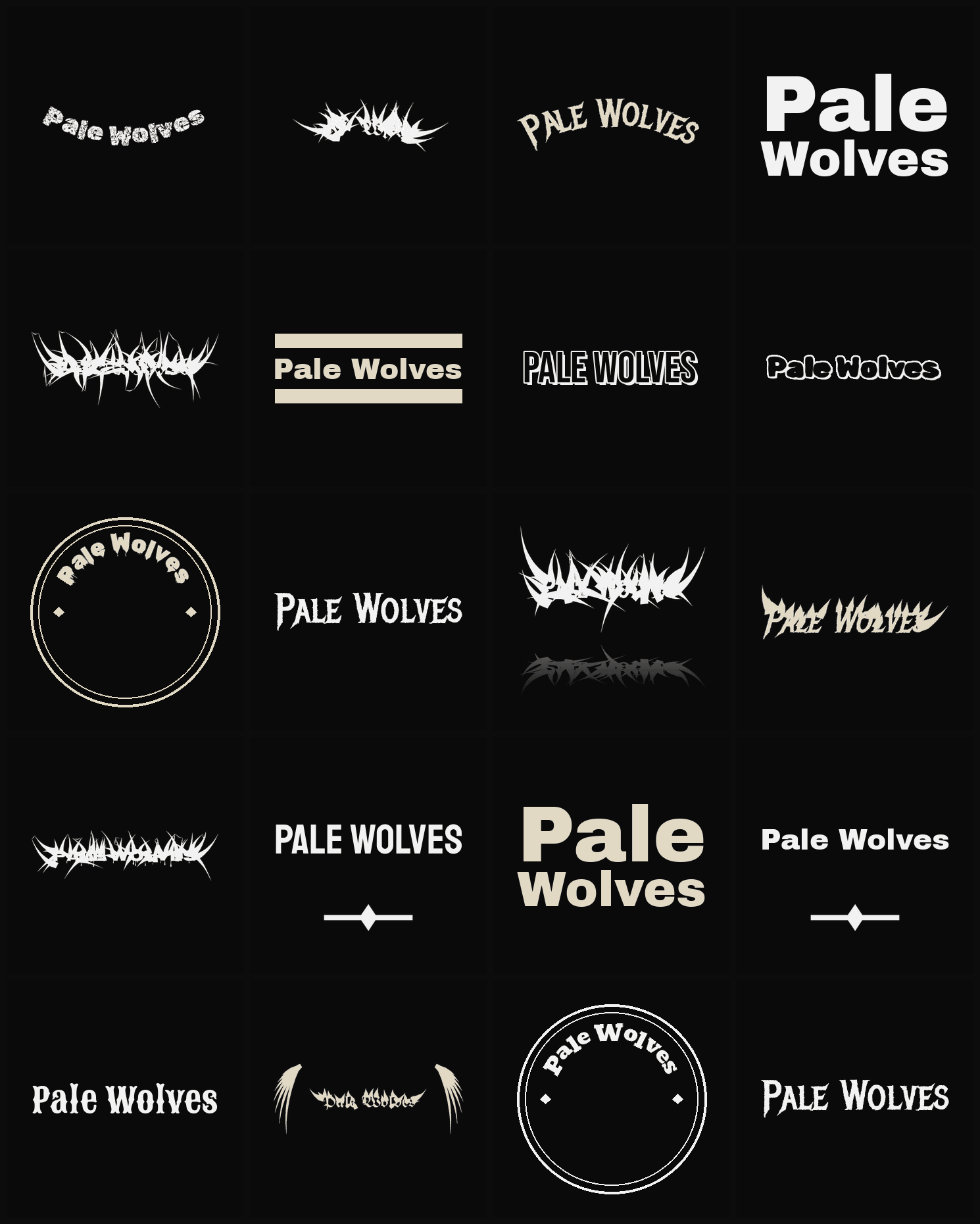 Twenty Pale Wolves band logo ideas — different faces, treatments and spike settings