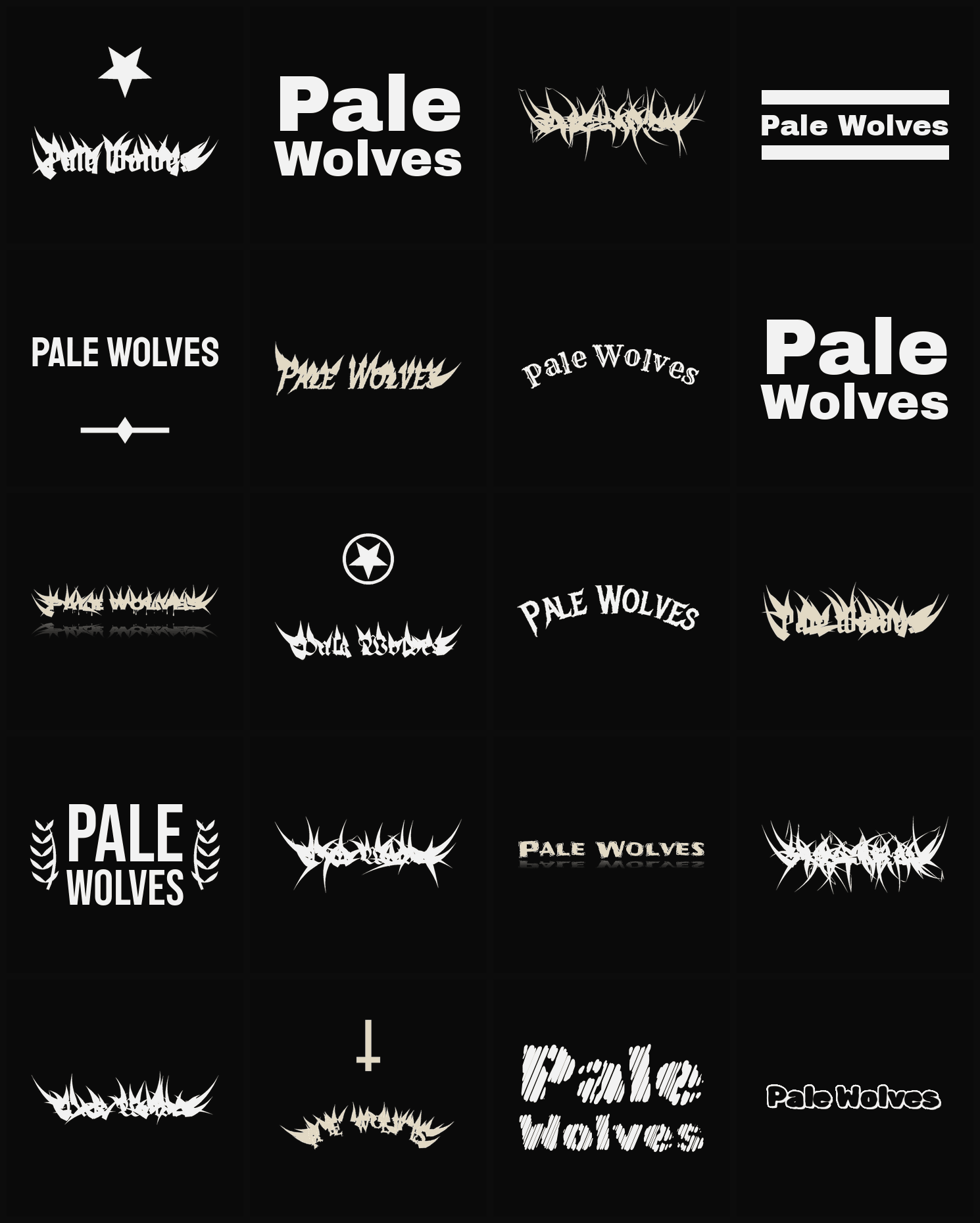 Twenty Pale Wolves band logo ideas — different faces, treatments and spike settings