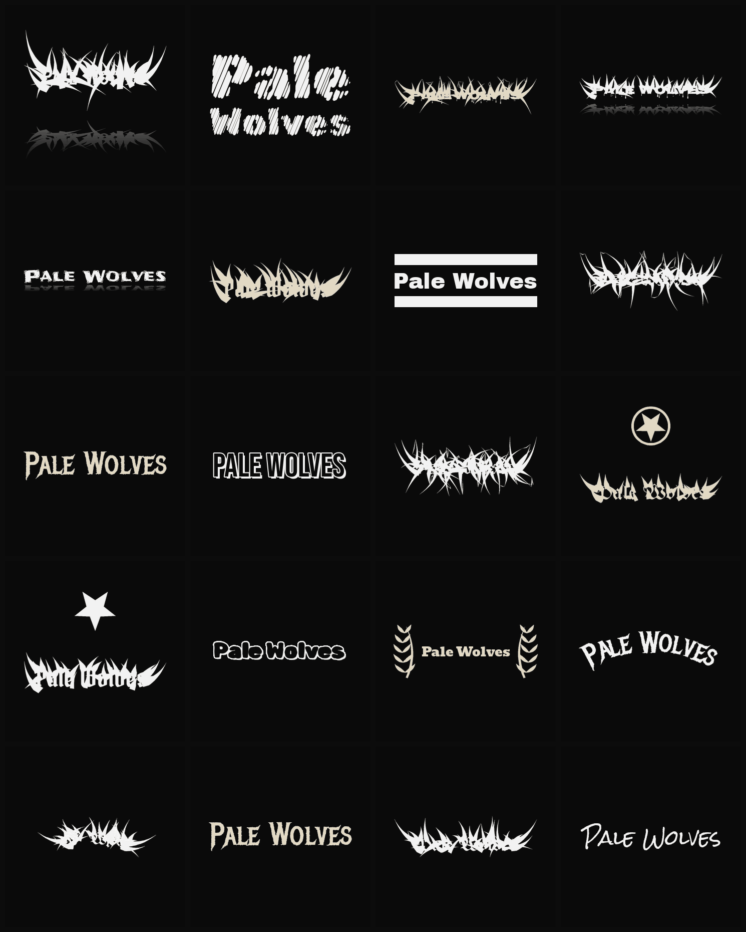 Twenty Pale Wolves band logo ideas — different faces, treatments and spike settings