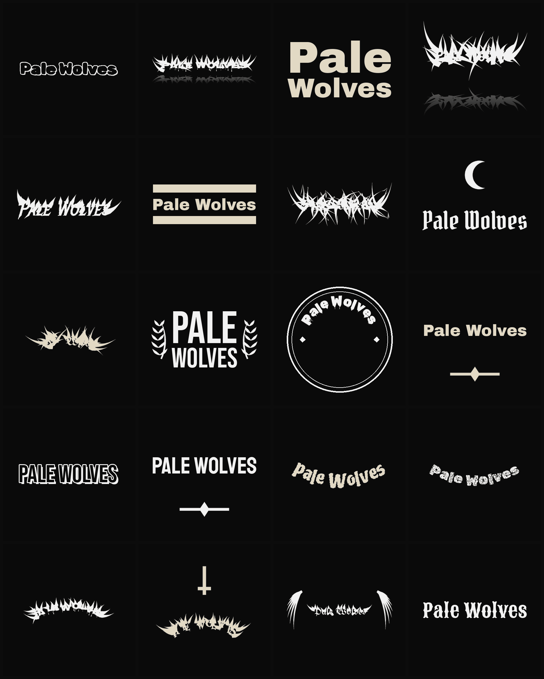 Twenty Pale Wolves band logo ideas — different faces, treatments and spike settings
