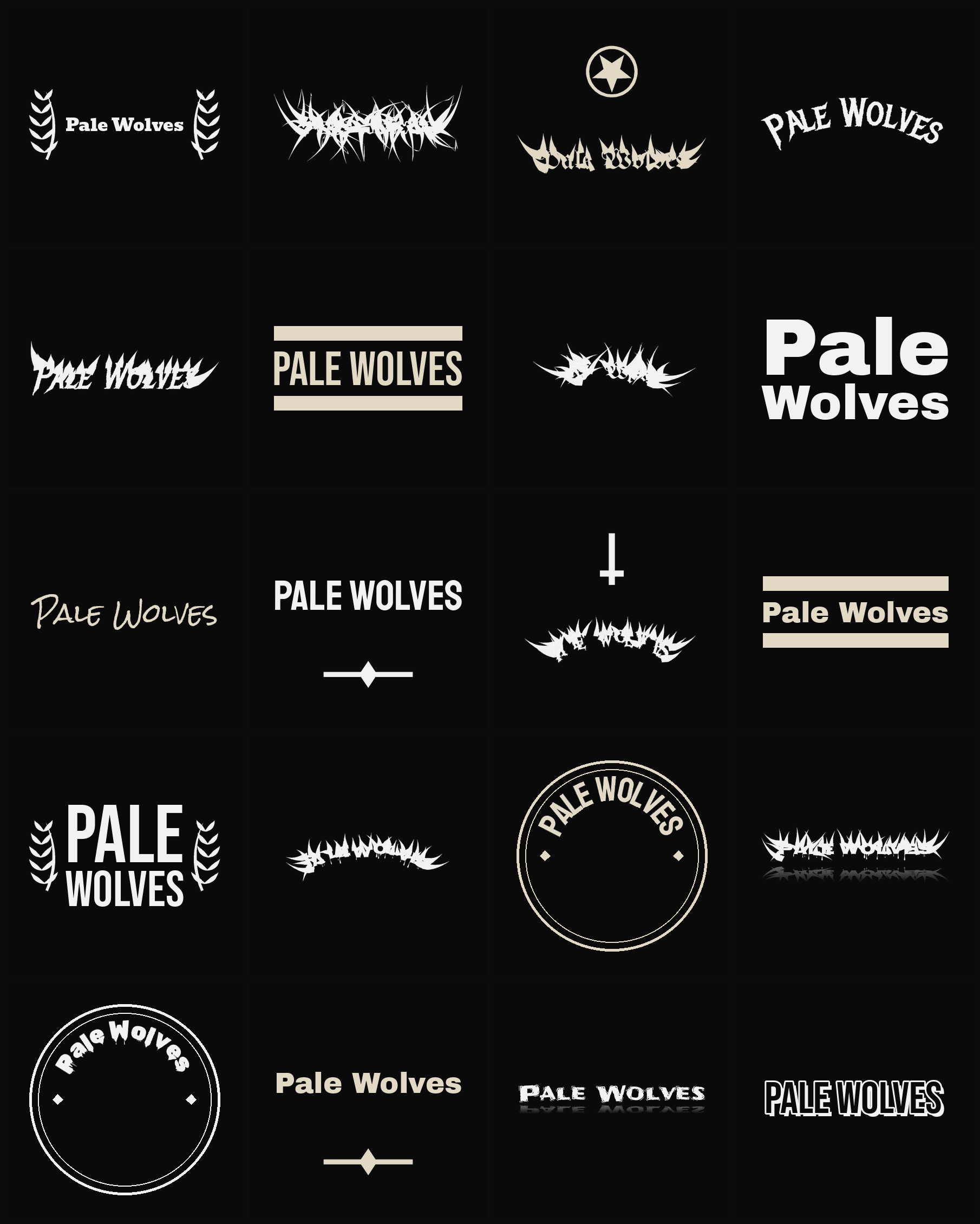 Twenty Pale Wolves band logo ideas — different faces, treatments and spike settings