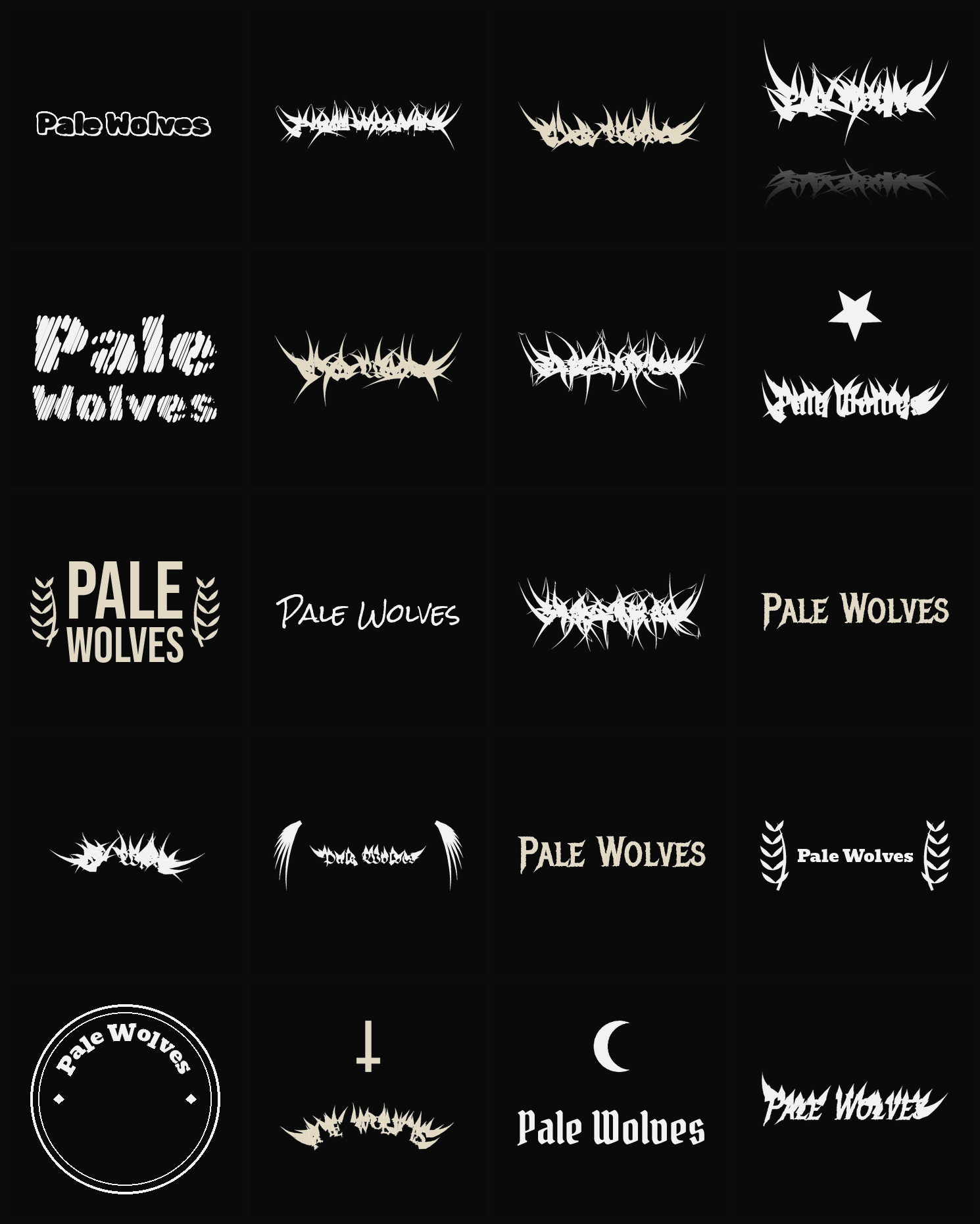 Twenty Pale Wolves band logo ideas — different faces, treatments and spike settings