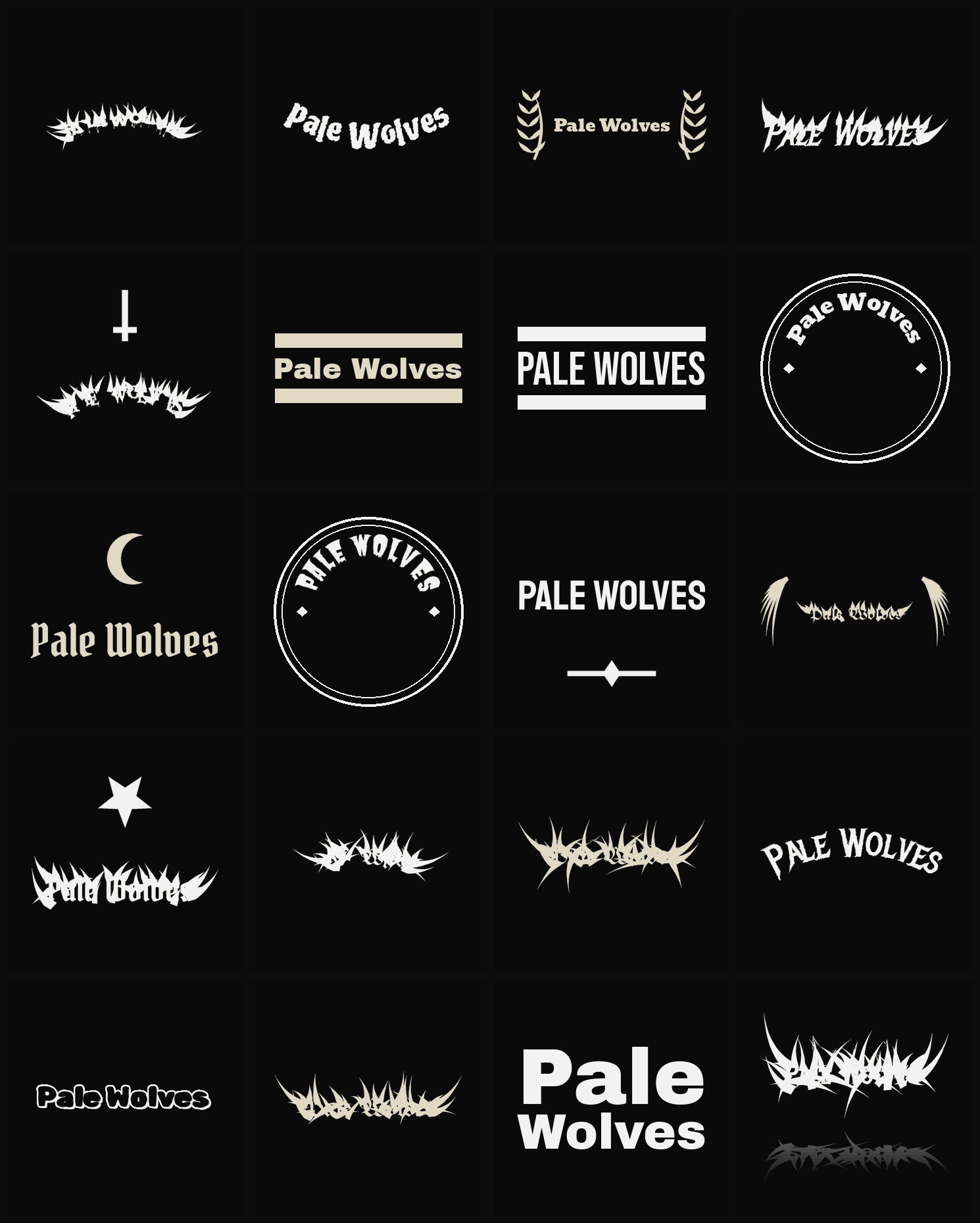 Twenty Pale Wolves band logo ideas — different faces, treatments and spike settings
