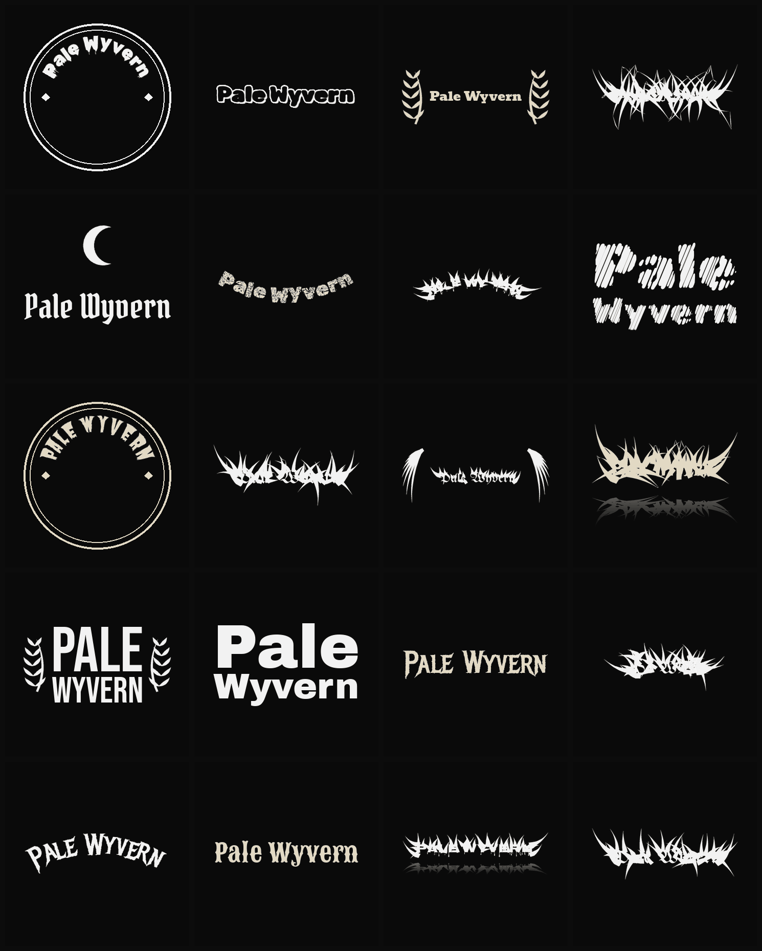 Twenty Pale Wyvern band logo ideas — different faces, treatments and spike settings
