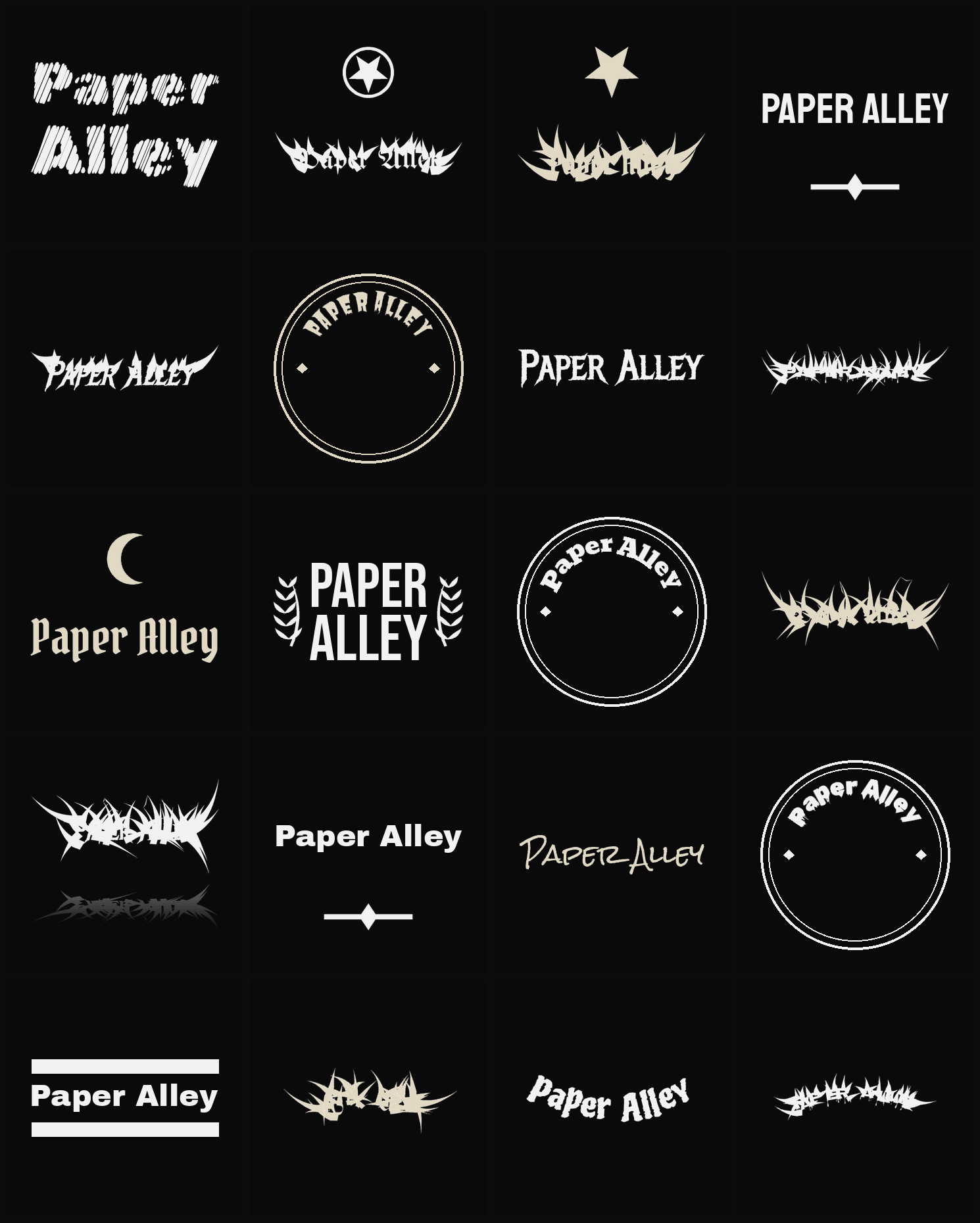 Twenty Paper Alley band logo ideas — different faces, treatments and spike settings