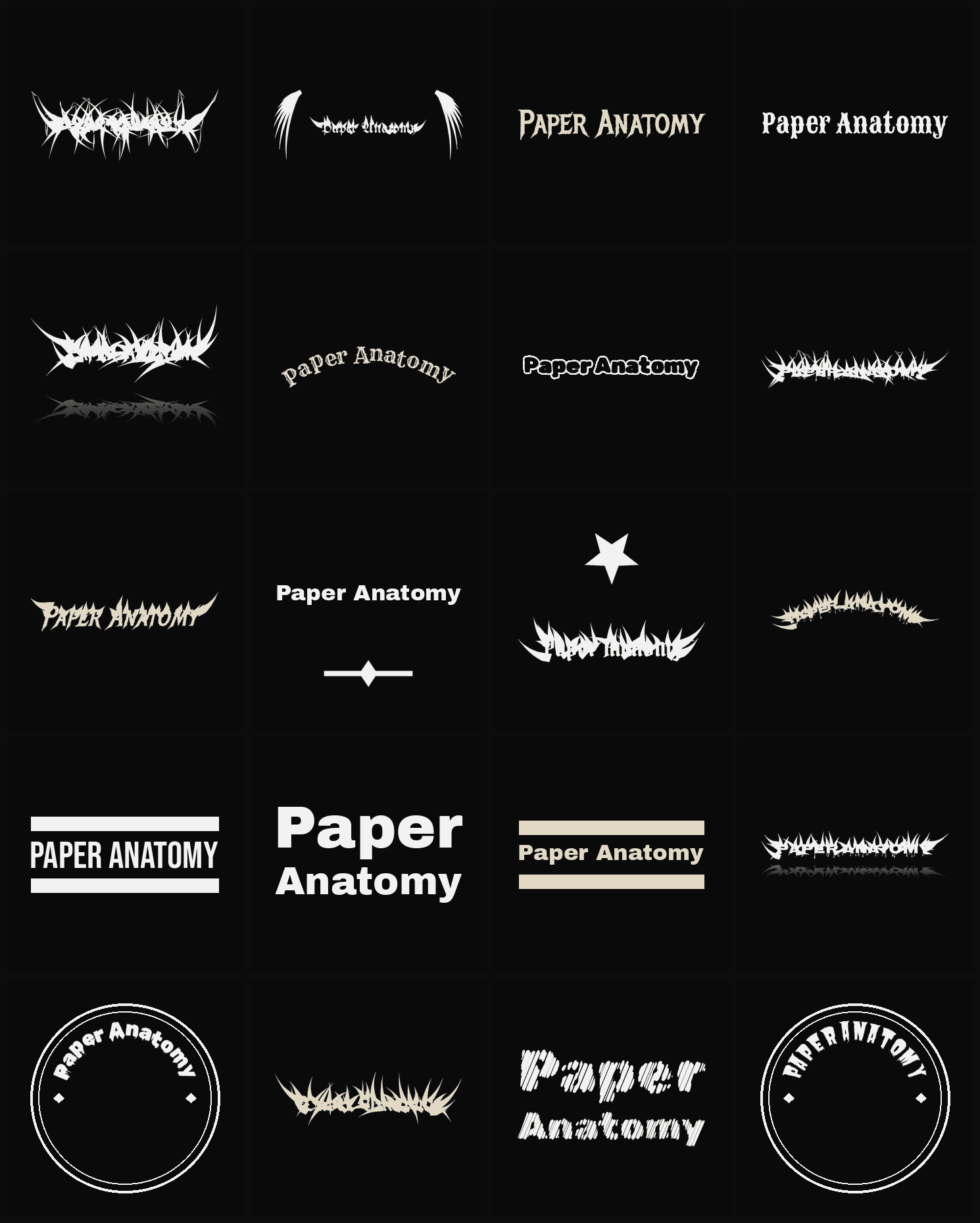Twenty Paper Anatomy band logo ideas — different faces, treatments and spike settings