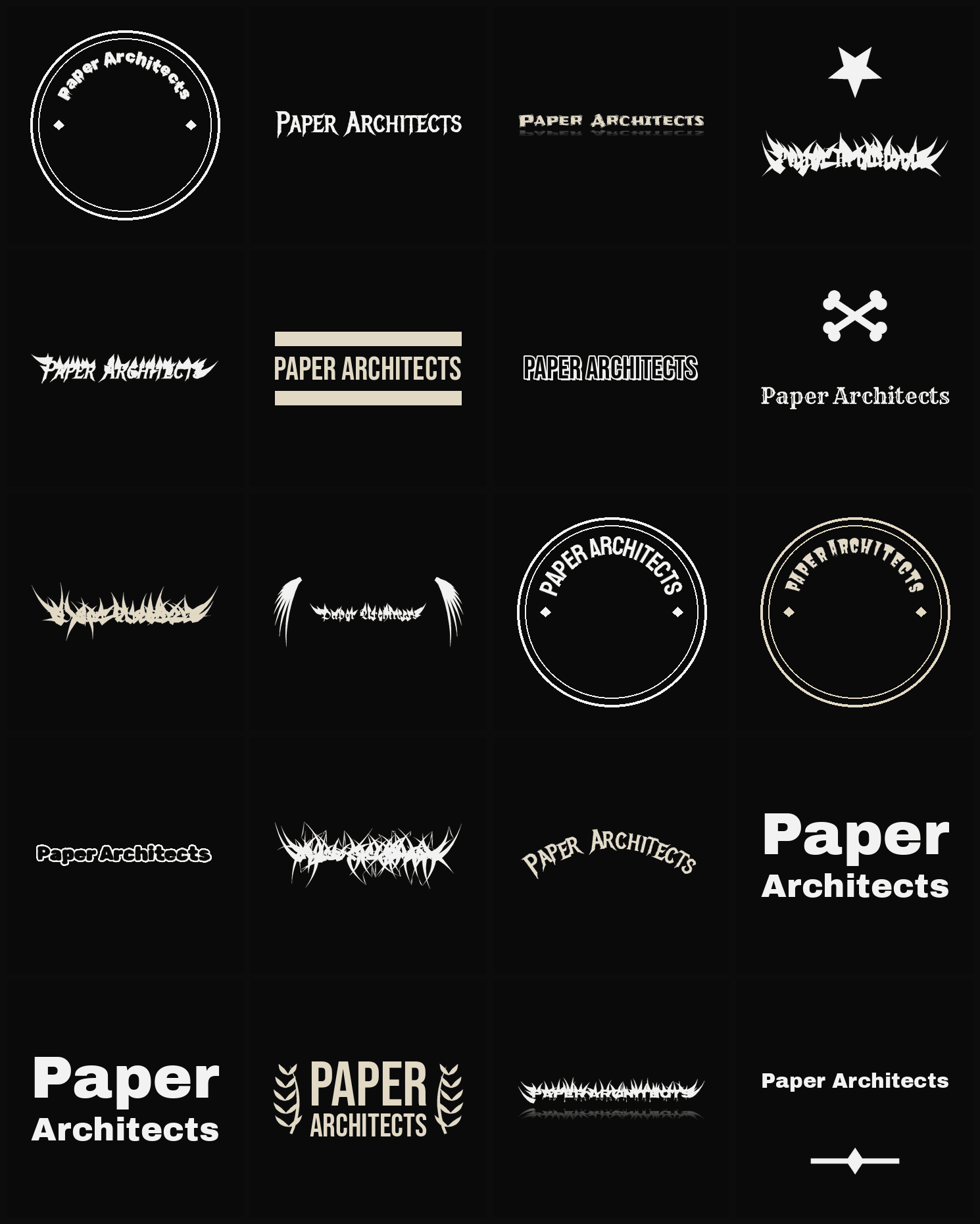 Twenty Paper Architects band logo ideas — different faces, treatments and spike settings