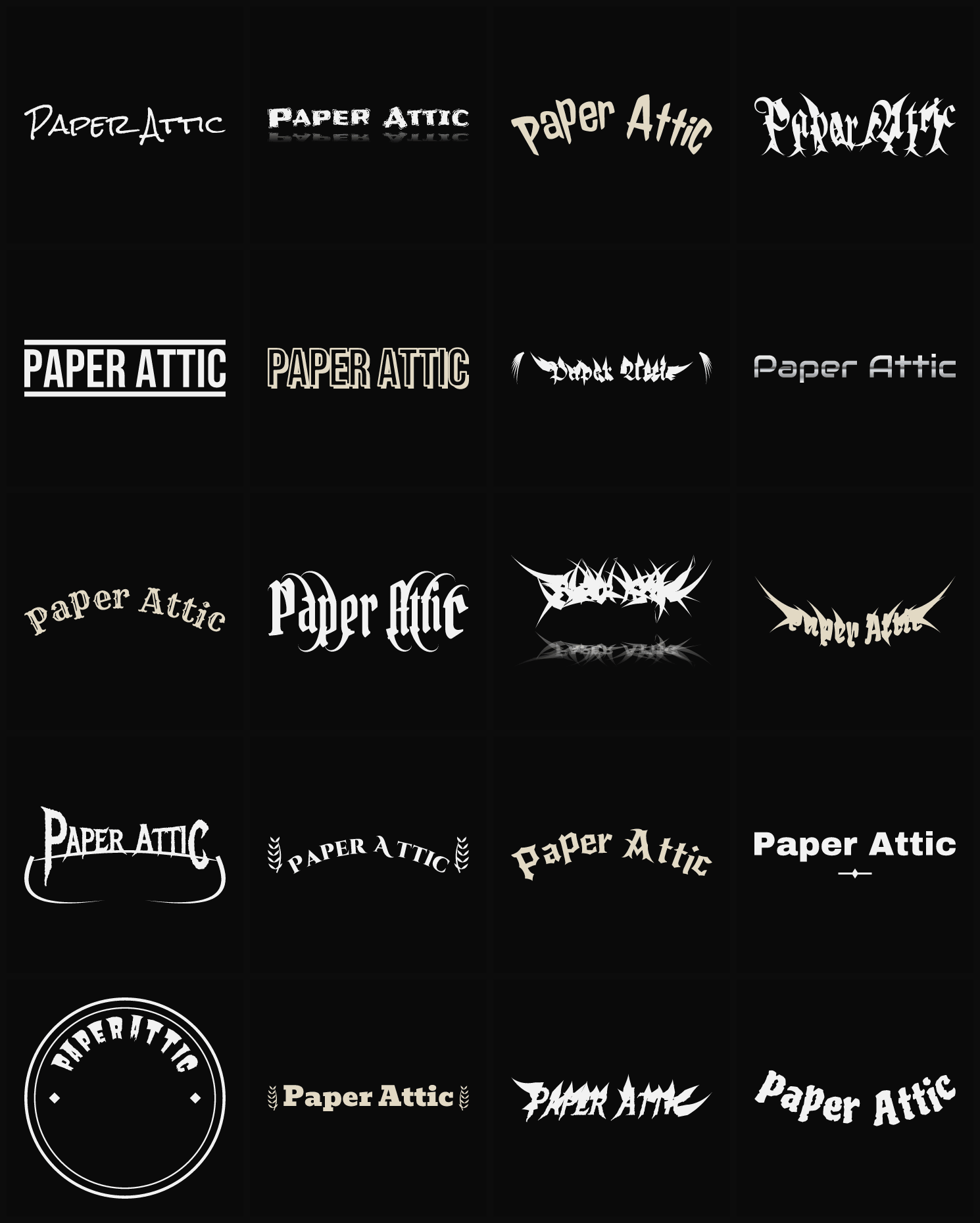 Twenty Paper Attic band logo ideas — different faces, treatments and spike settings