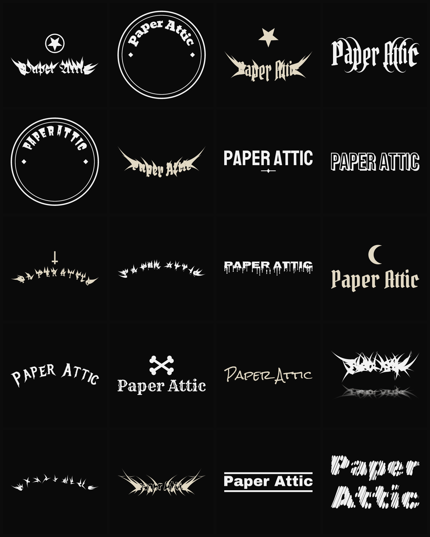 Twenty Paper Attic band logo ideas — different faces, treatments and spike settings