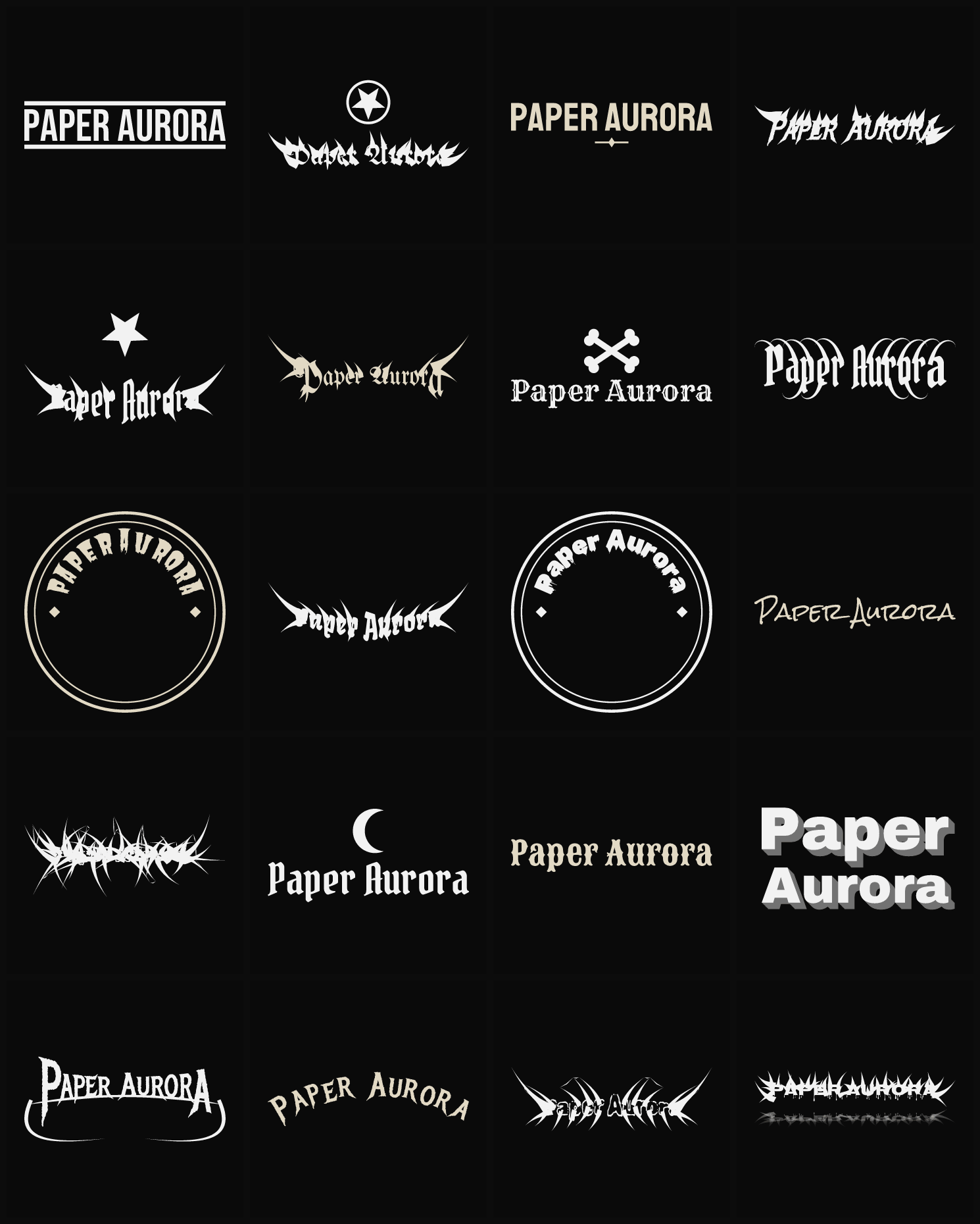 Twenty Paper Aurora band logo ideas — different faces, treatments and spike settings