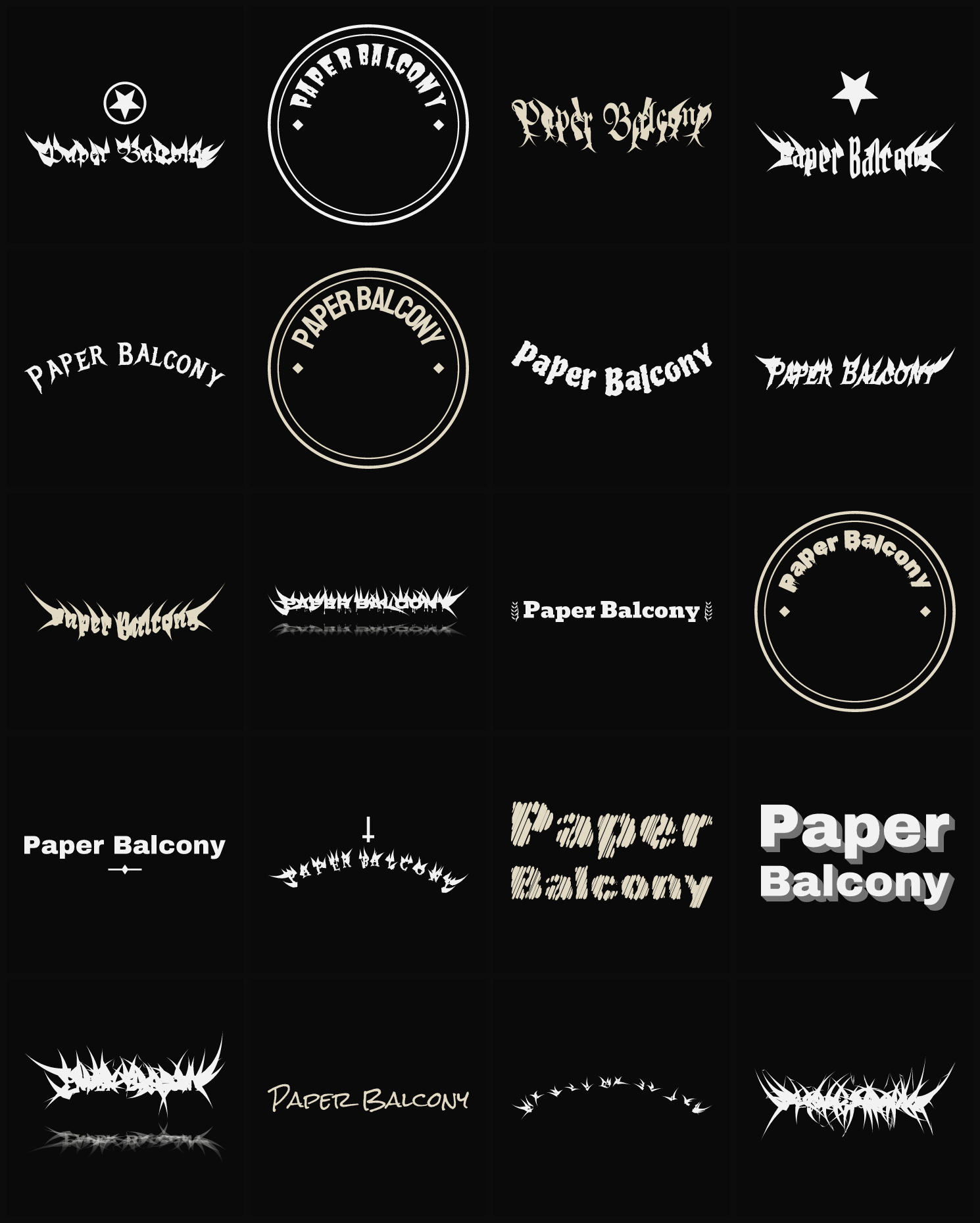 Twenty Paper Balcony band logo ideas — different faces, treatments and spike settings
