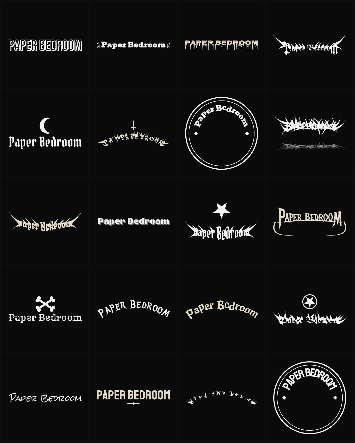 Twenty Paper Bedroom band logo ideas — different faces, treatments and spike settings