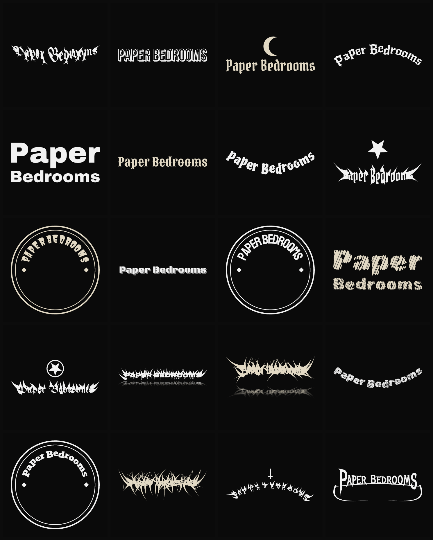 Twenty Paper Bedrooms band logo ideas — different faces, treatments and spike settings