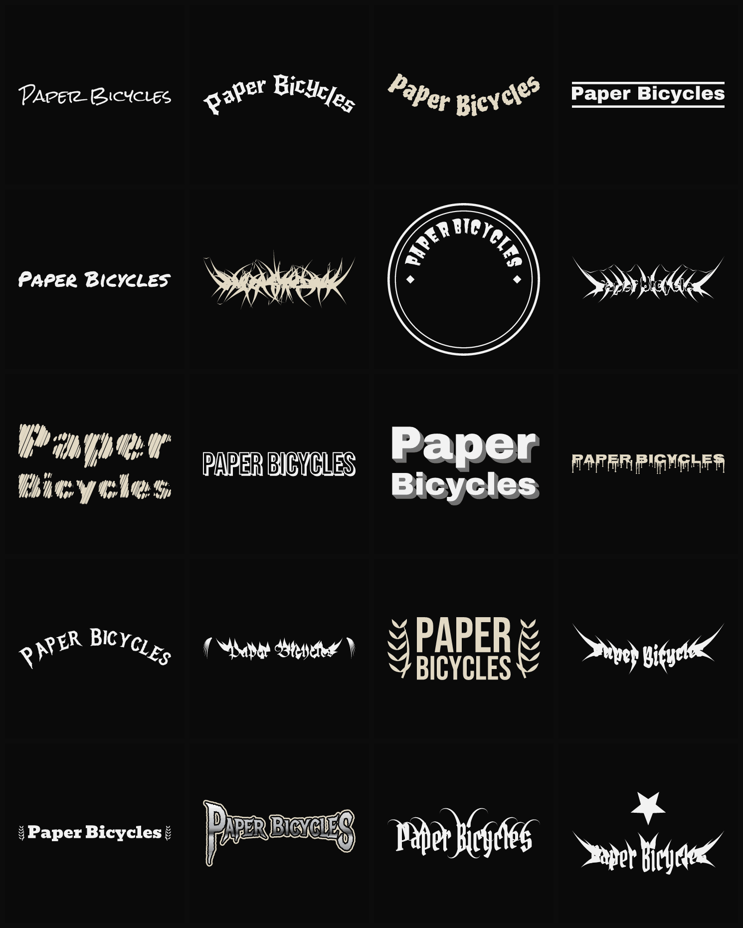 Twenty Paper Bicycles band logo ideas — different faces, treatments and spike settings
