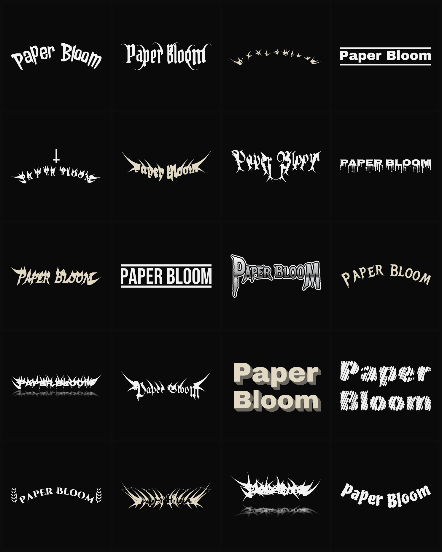 Twenty Paper Bloom band logo ideas — different faces, treatments and spike settings