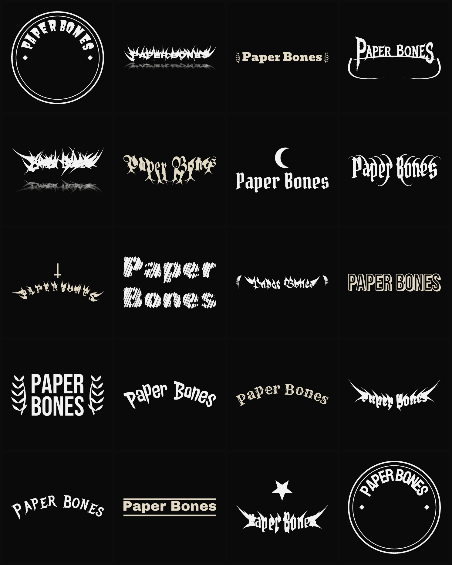 Twenty Paper Bones band logo ideas — different faces, treatments and spike settings