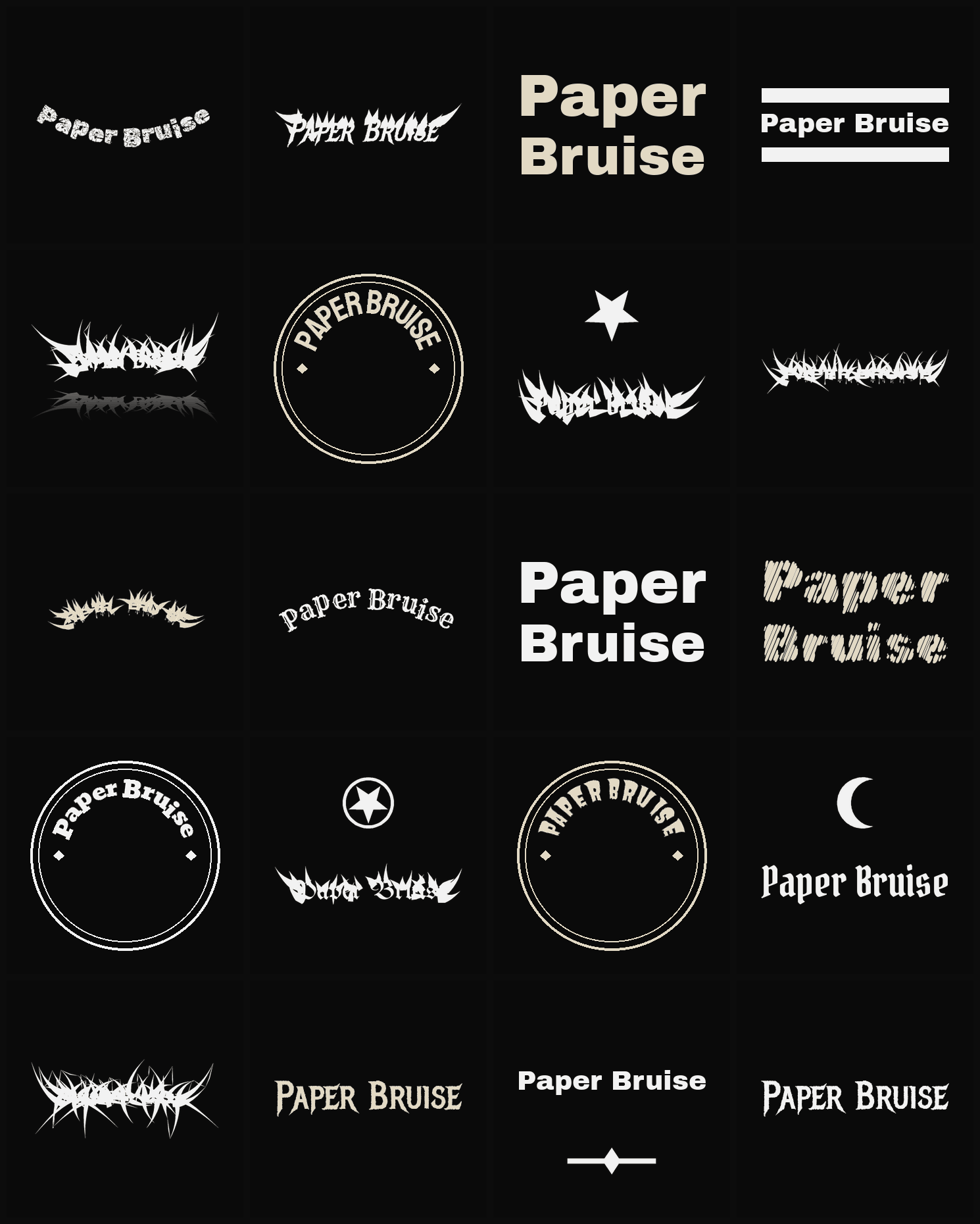 Twenty Paper Bruise band logo ideas — different faces, treatments and spike settings