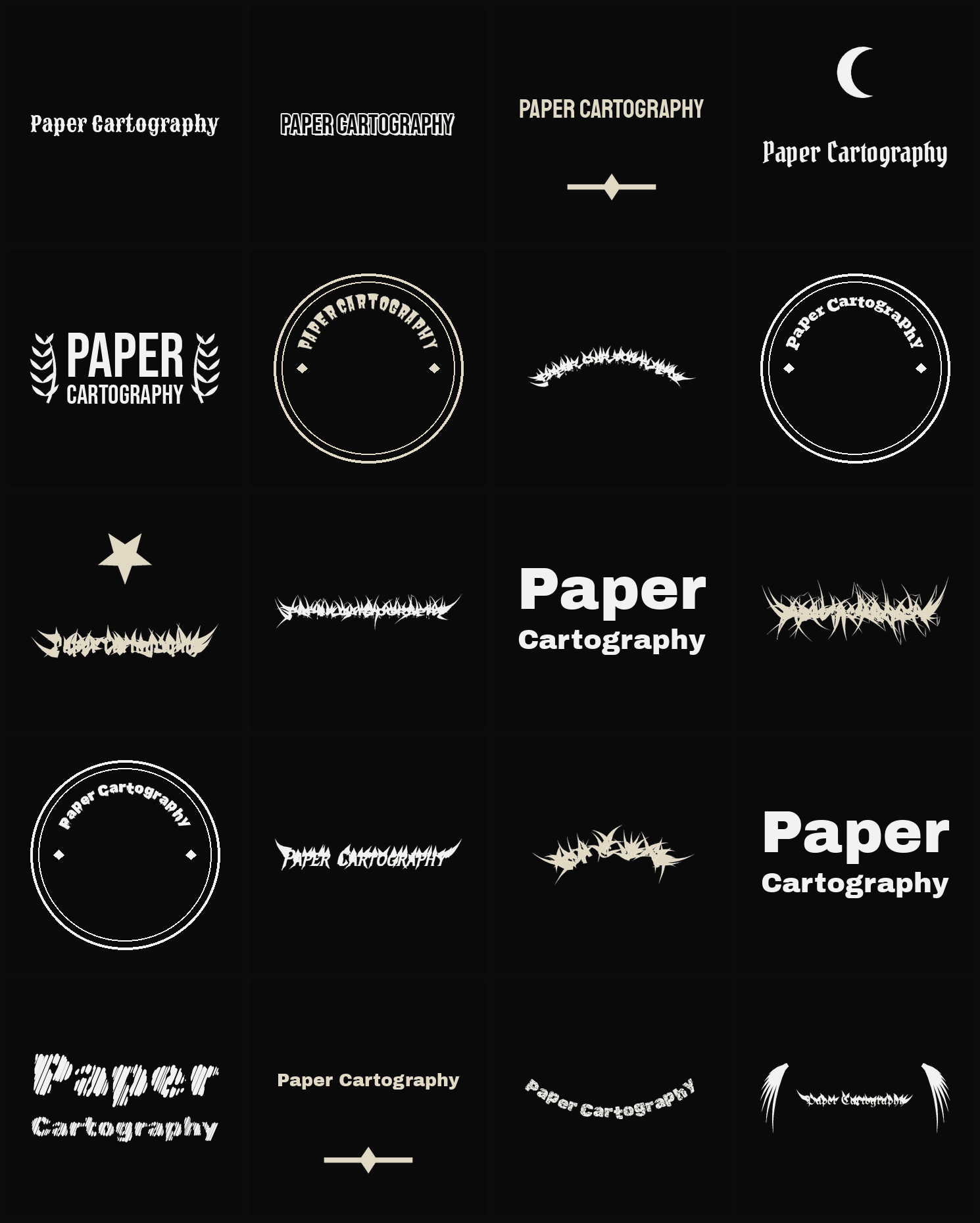 Twenty Paper Cartography band logo ideas — different faces, treatments and spike settings