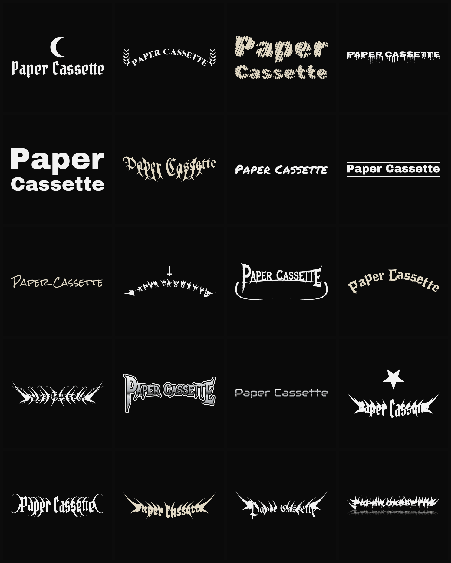 Twenty Paper Cassette band logo ideas — different faces, treatments and spike settings