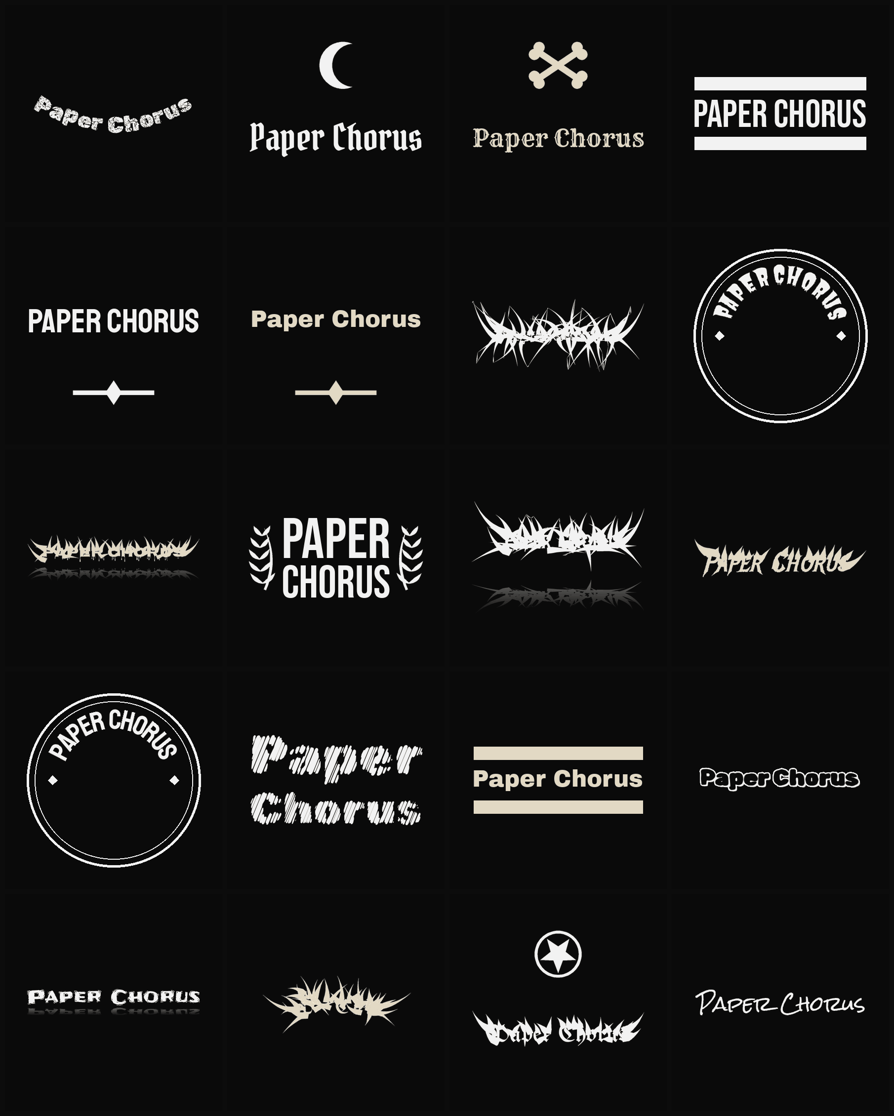 Twenty Paper Chorus band logo ideas — different faces, treatments and spike settings