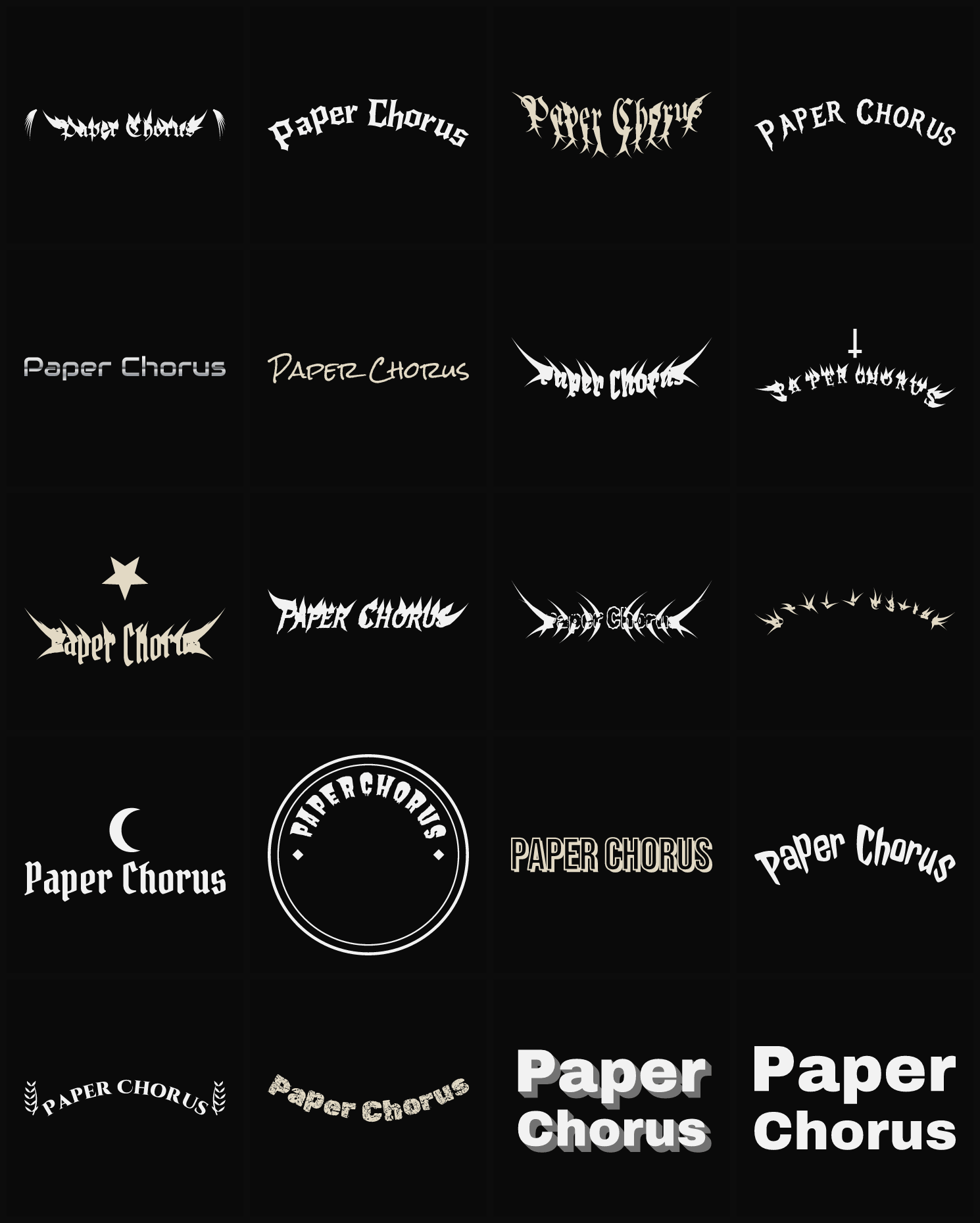 Twenty Paper Chorus band logo ideas — different faces, treatments and spike settings