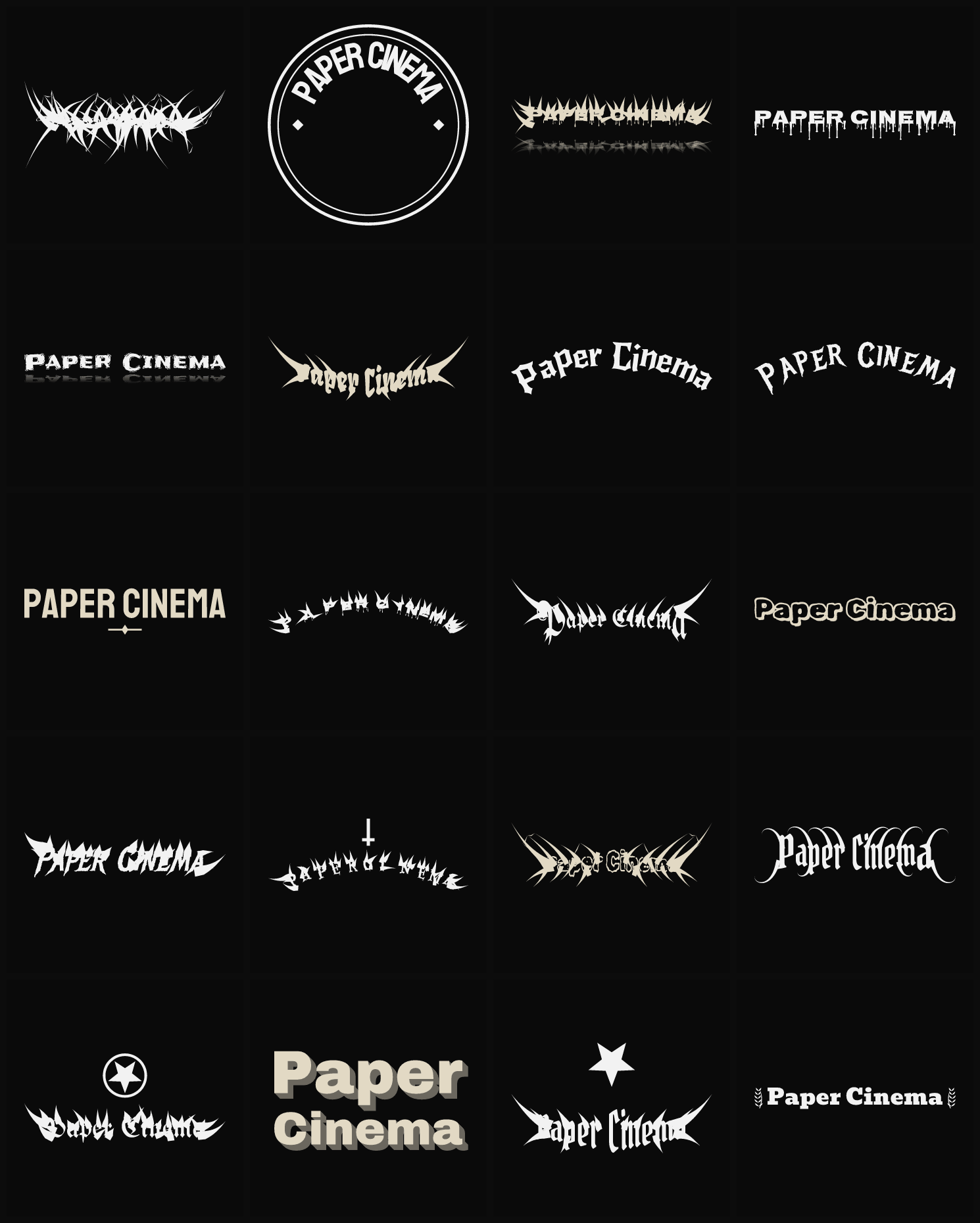 Twenty Paper Cinema band logo ideas — different faces, treatments and spike settings