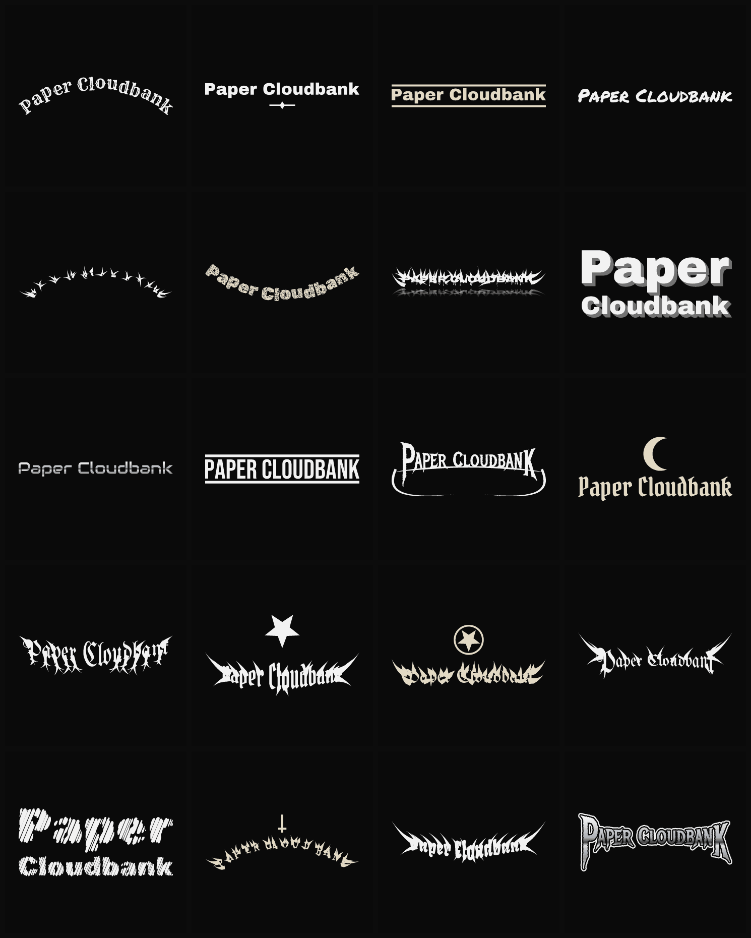 Twenty Paper Cloudbank band logo ideas — different faces, treatments and spike settings