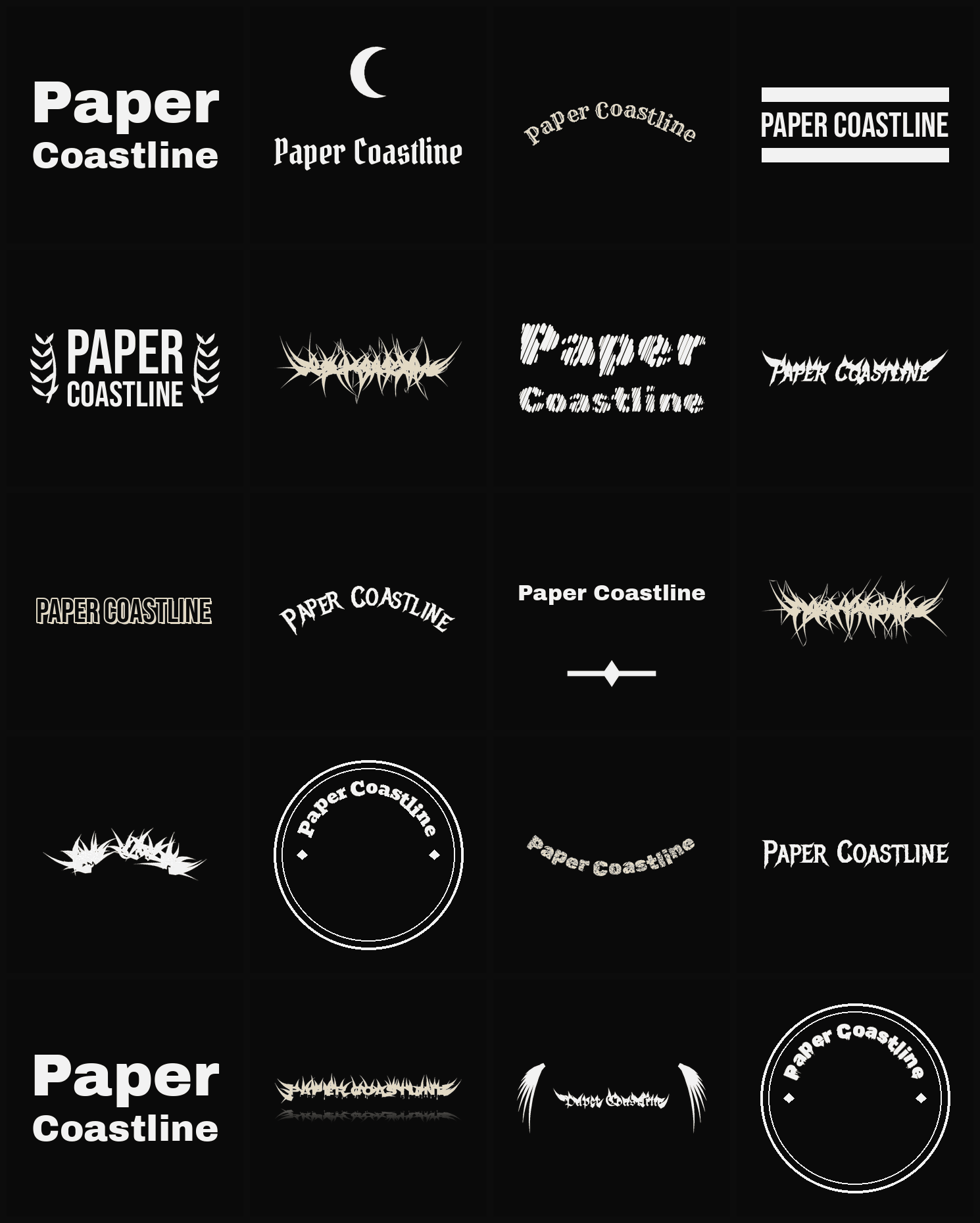 Twenty Paper Coastline band logo ideas — different faces, treatments and spike settings