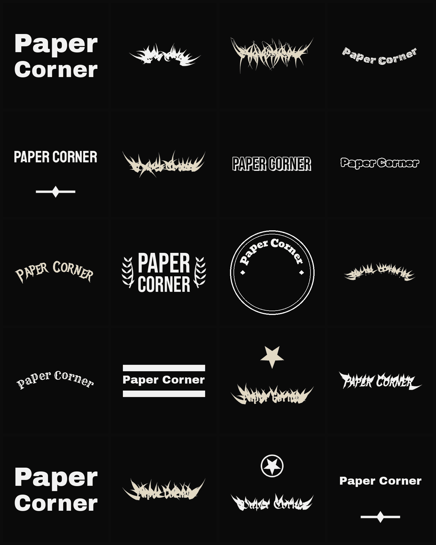 Twenty Paper Corner band logo ideas — different faces, treatments and spike settings