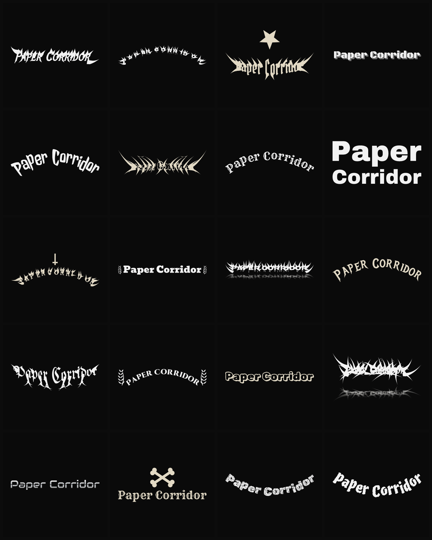 Twenty Paper Corridor band logo ideas — different faces, treatments and spike settings
