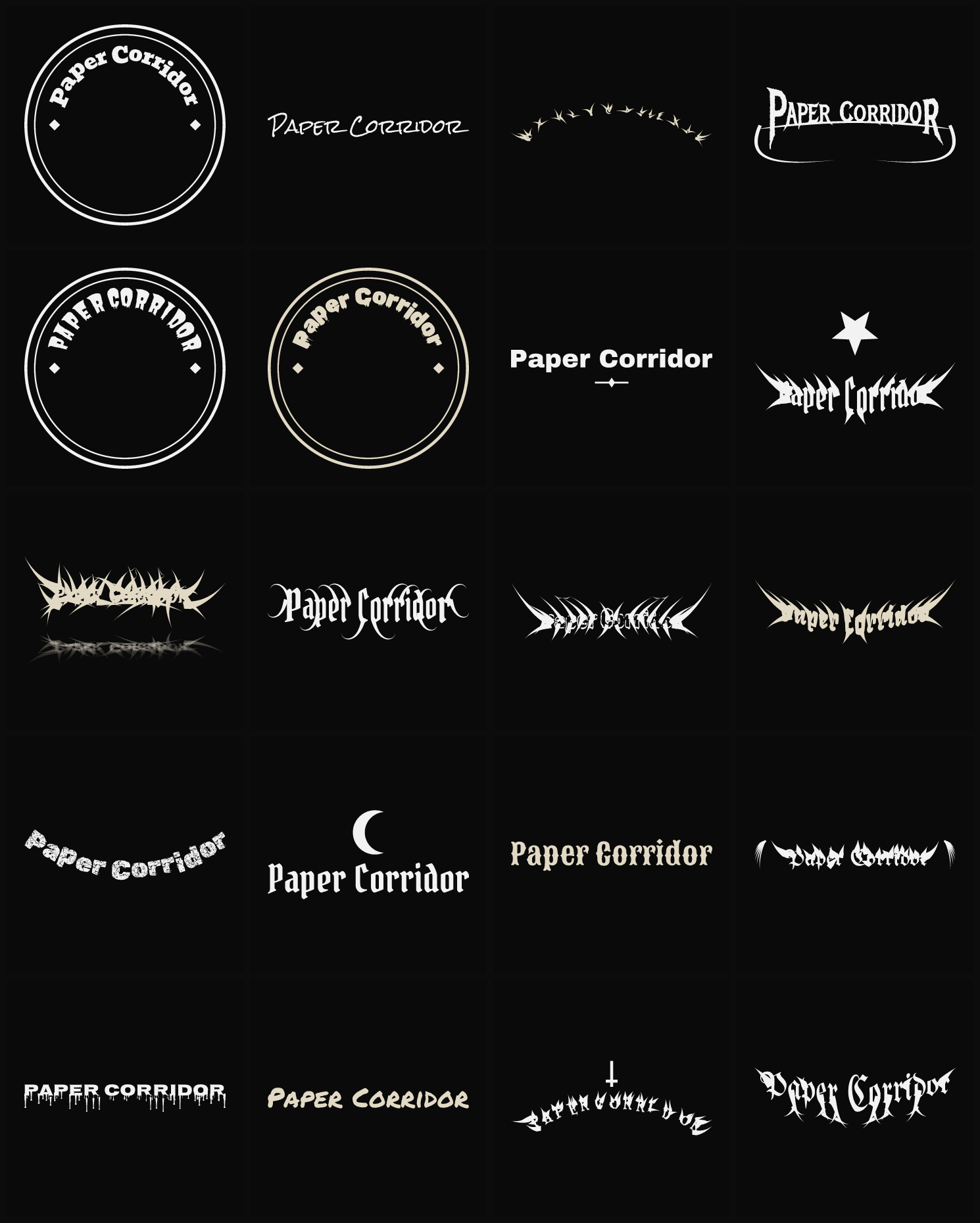 Twenty Paper Corridor band logo ideas — different faces, treatments and spike settings