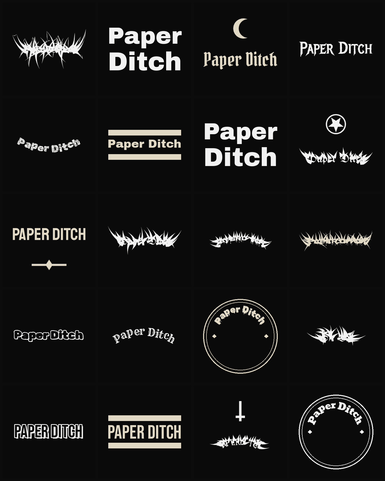 Twenty Paper Ditch band logo ideas — different faces, treatments and spike settings