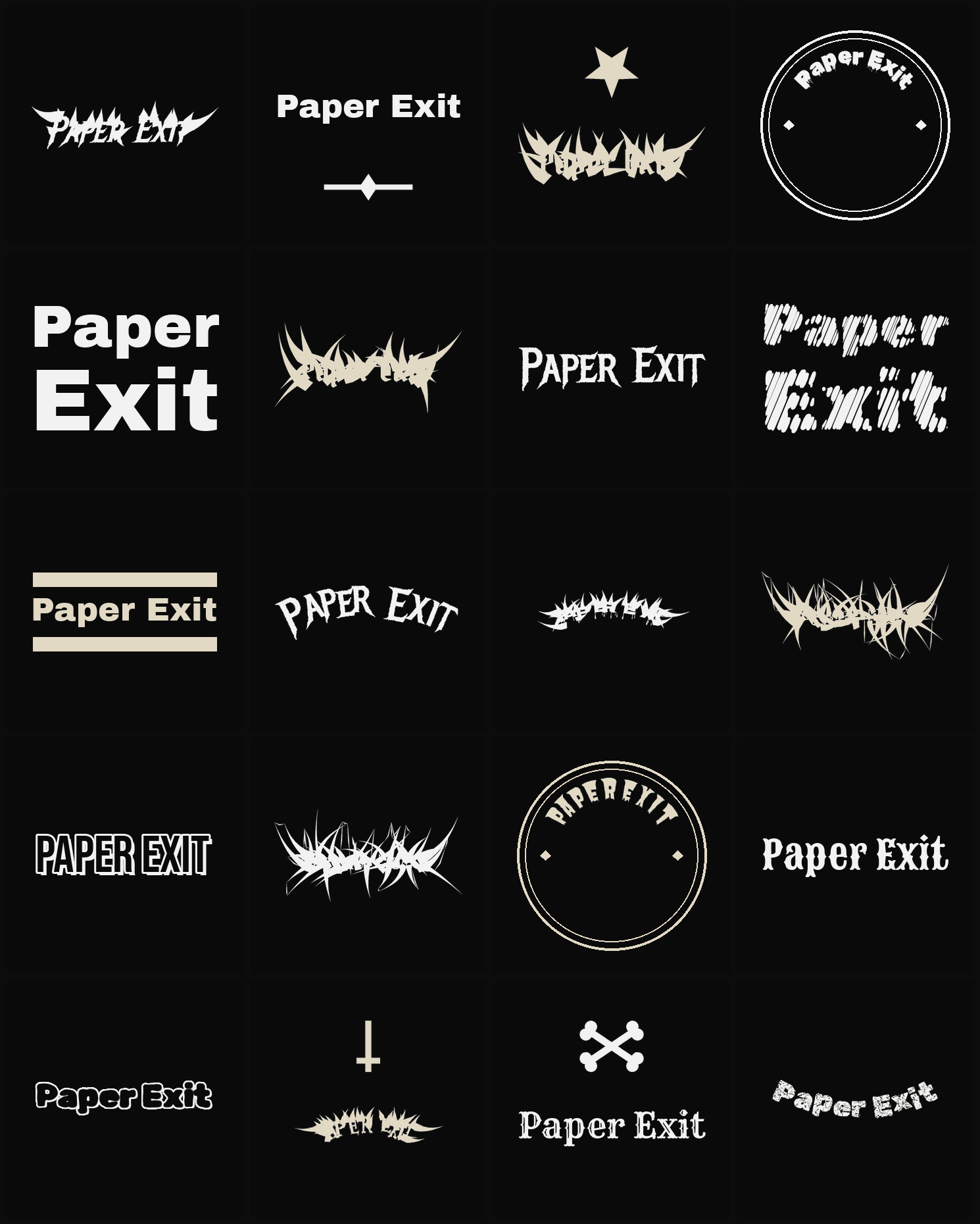 Twenty Paper Exit band logo ideas — different faces, treatments and spike settings
