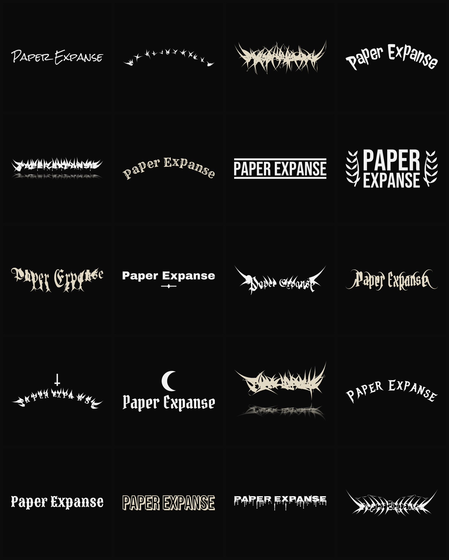 Twenty Paper Expanse band logo ideas — different faces, treatments and spike settings