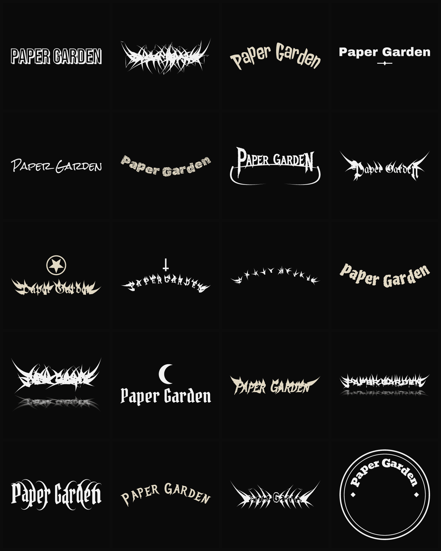 Twenty Paper Garden band logo ideas — different faces, treatments and spike settings