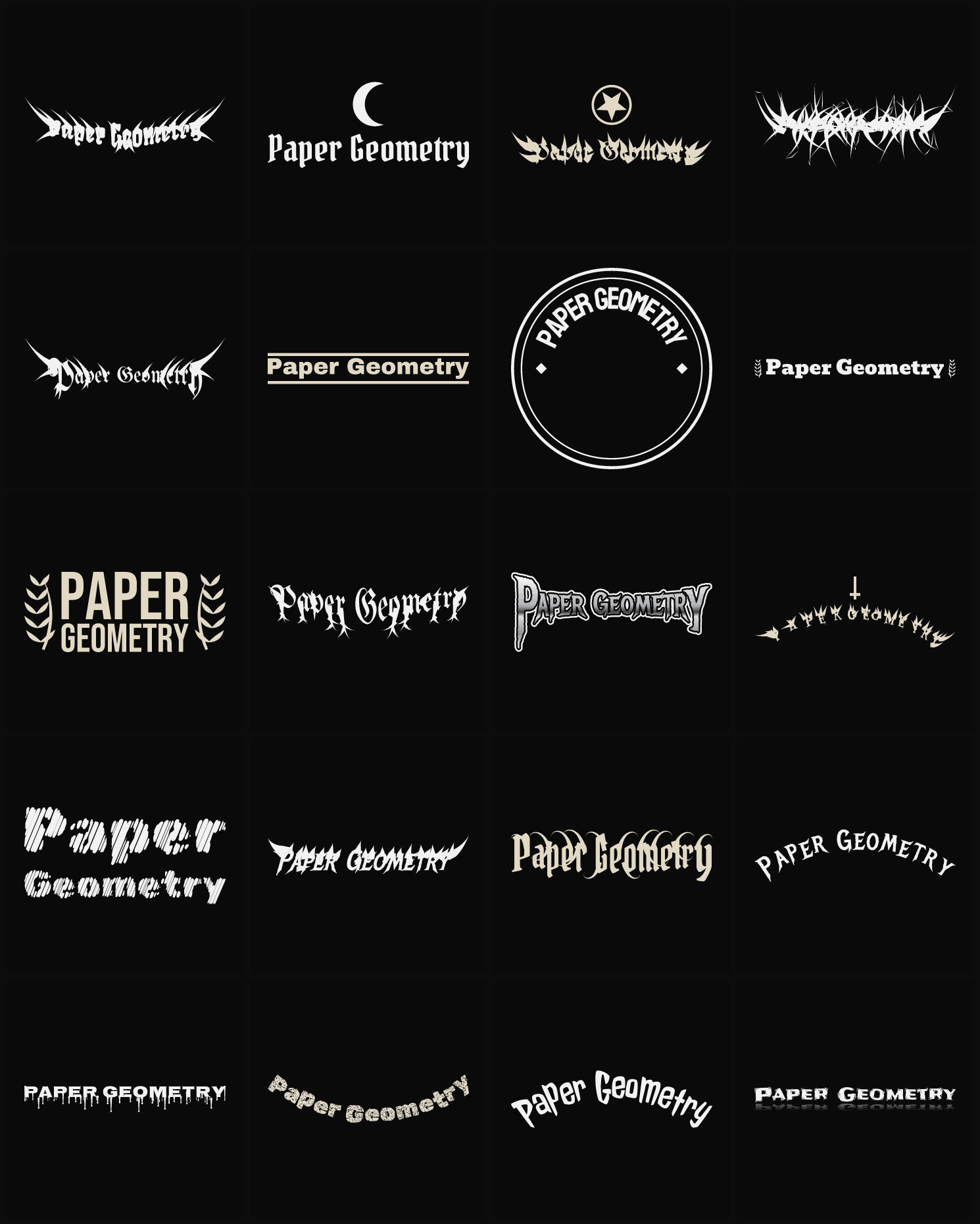 Twenty Paper Geometry band logo ideas — different faces, treatments and spike settings