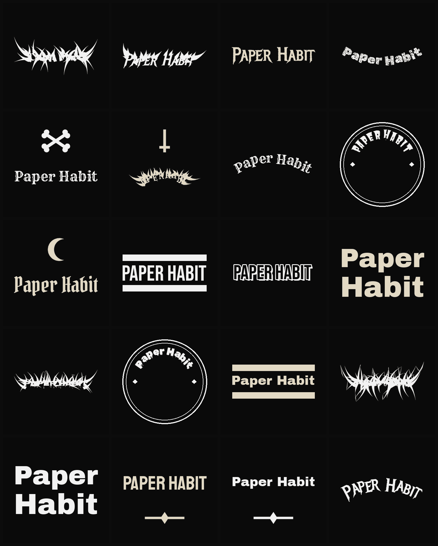 Twenty Paper Habit band logo ideas — different faces, treatments and spike settings