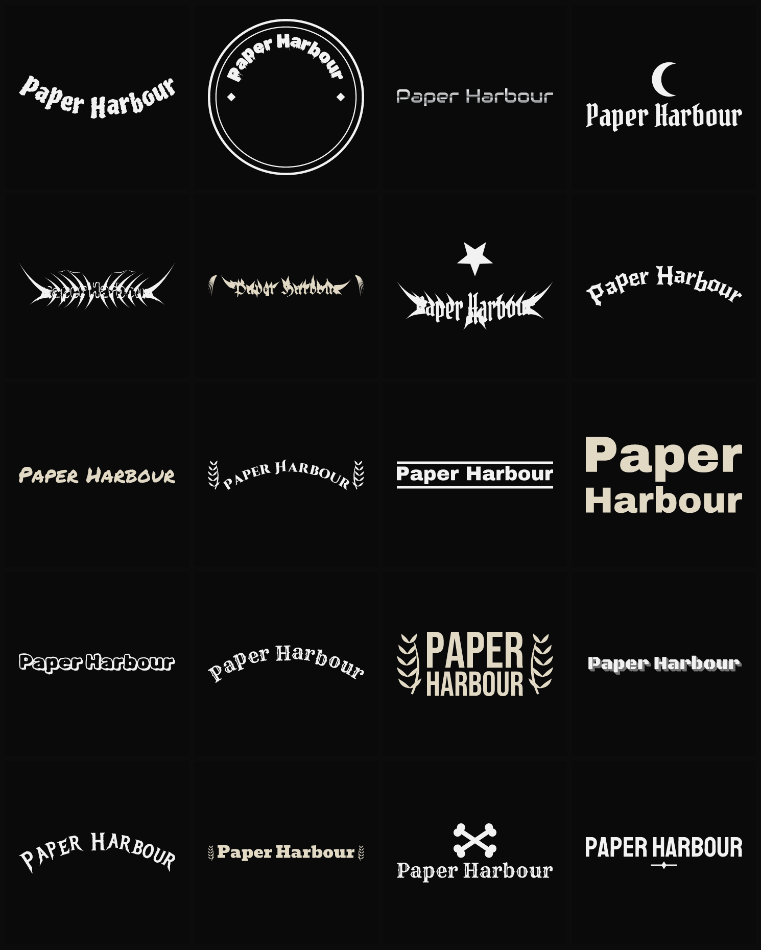 Twenty Paper Harbour band logo ideas — different faces, treatments and spike settings